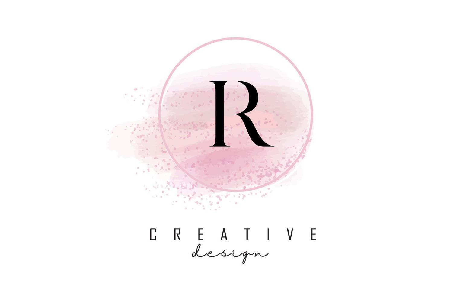 lettera r logo design con cornice rotonda scintillante e sfondo acquerello rosa. vettore