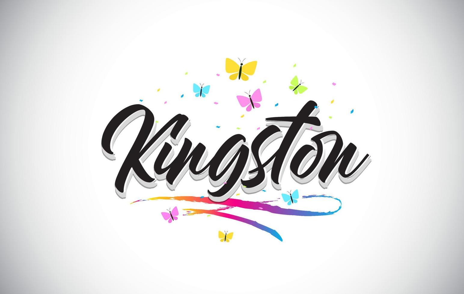 Kingston testo di parola vettoriale scritto a mano con farfalle e swoosh colorato.