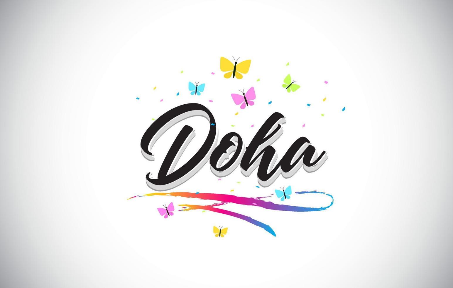 testo di parola vettoriale scritto a mano di Doha con farfalle e swoosh colorato.