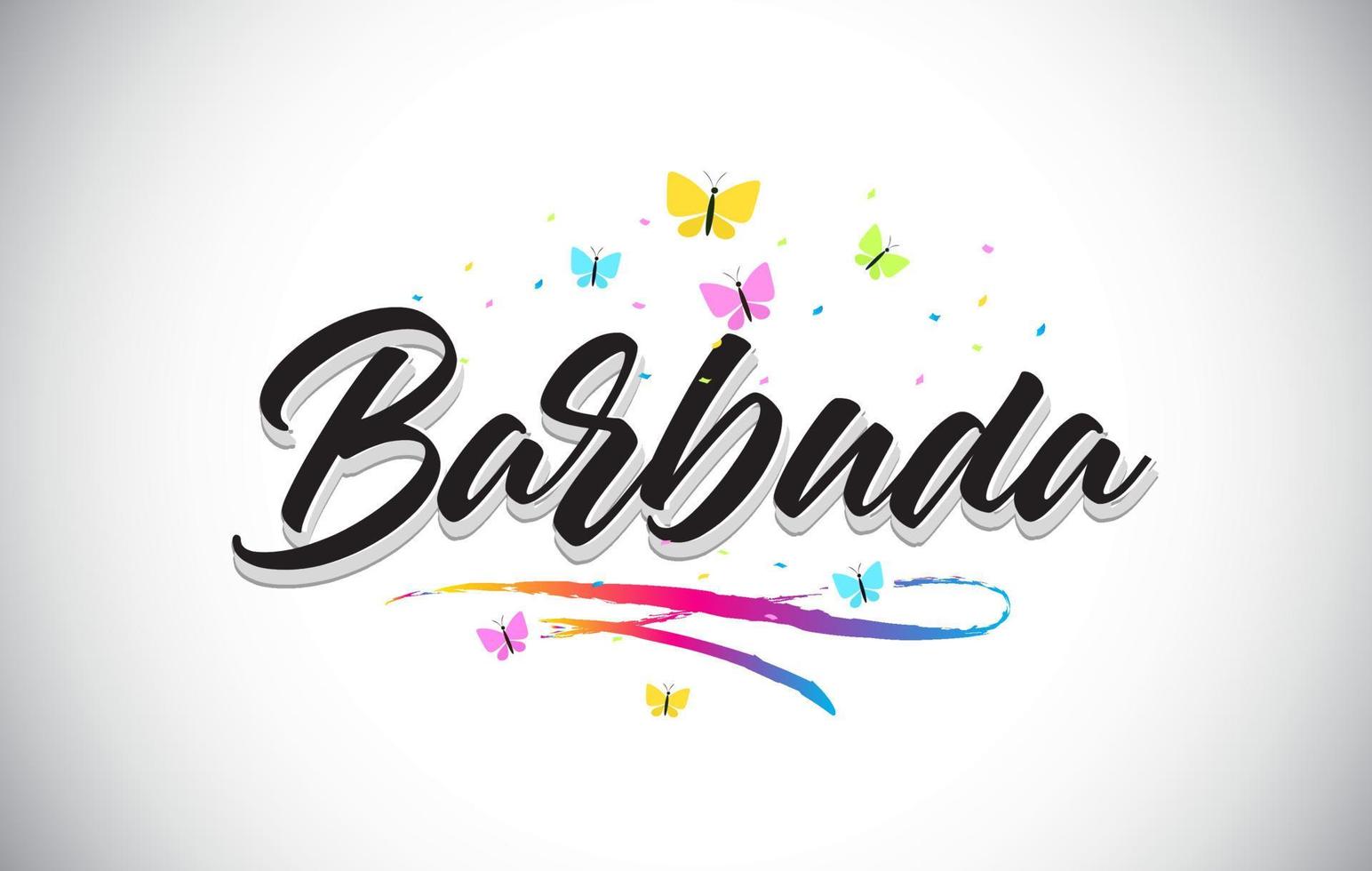 testo di parola vettoriale scritto a mano barbuda con farfalle e swoosh colorato.