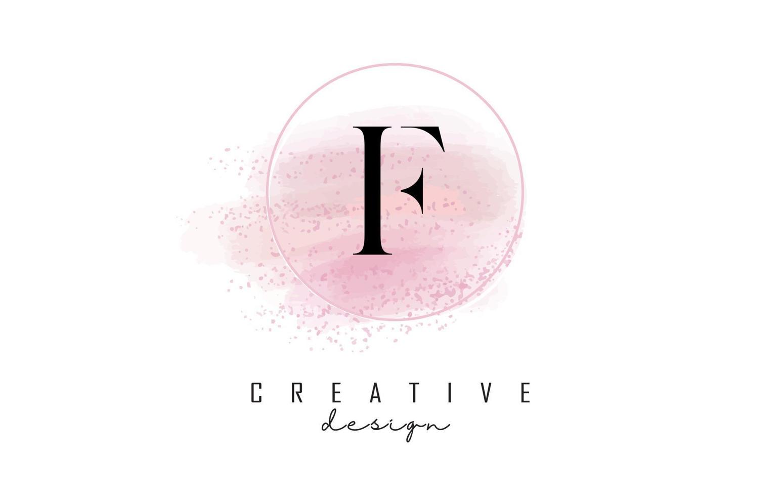lettera f logo design con cornice rotonda scintillante e sfondo acquerello rosa. vettore