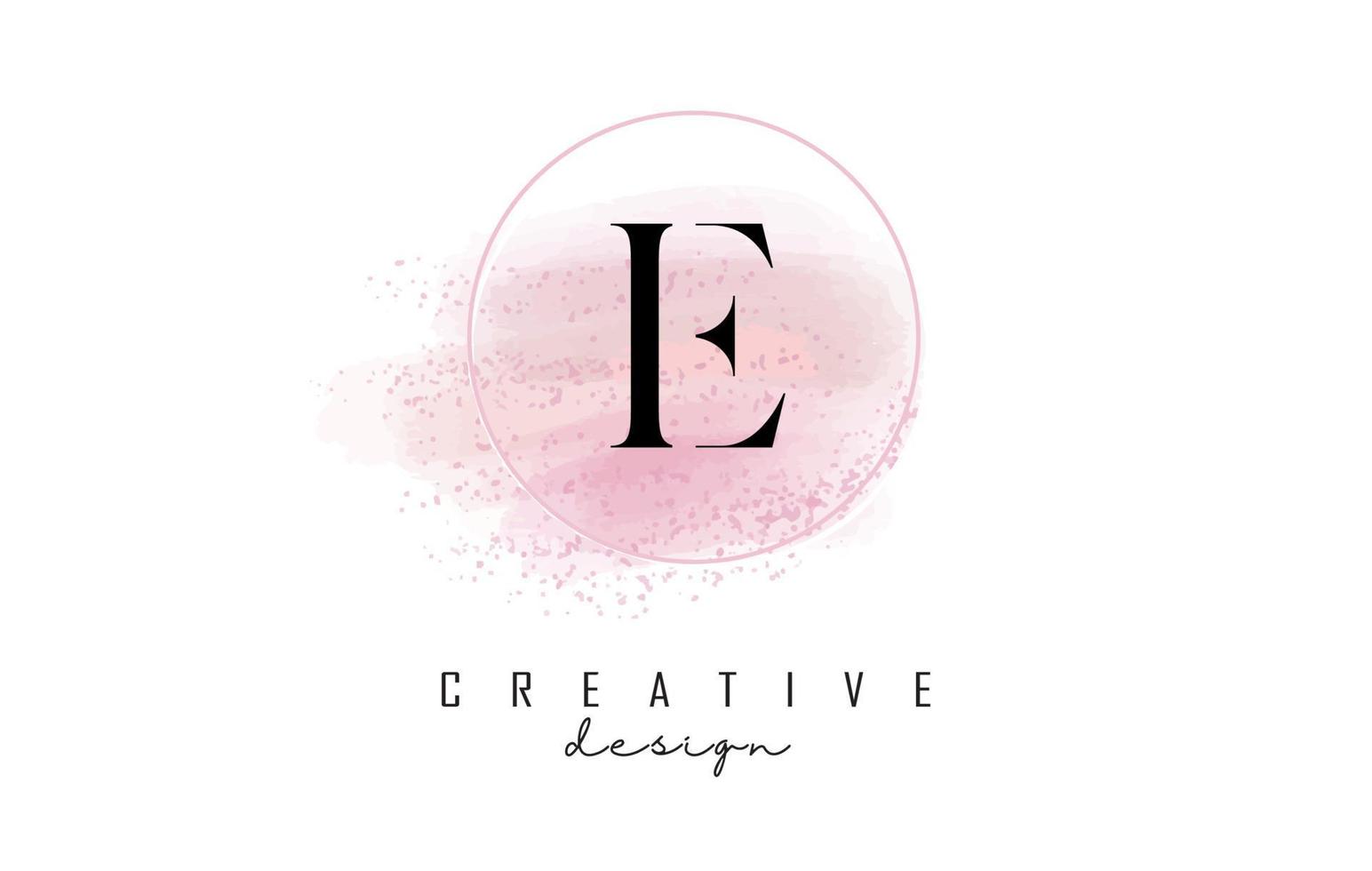 e lettera logo design con cornice rotonda scintillante e sfondo acquerello rosa. vettore