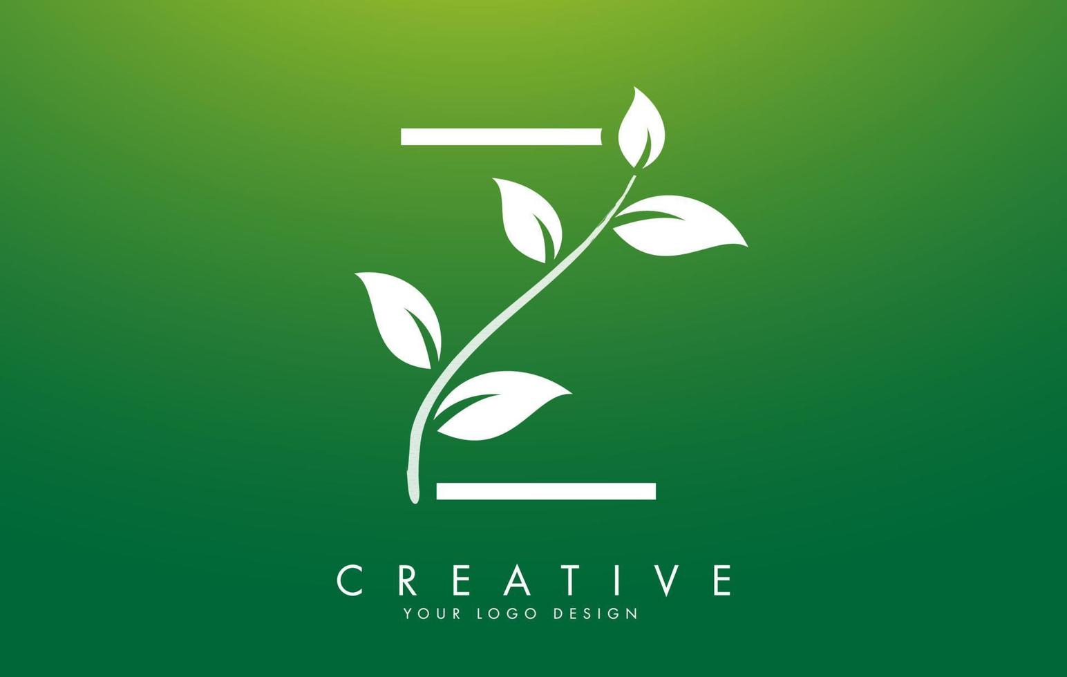disegno del logo lettera z foglia bianca con foglie su un ramo e sfondo verde. lettera z con il concetto di natura. vettore