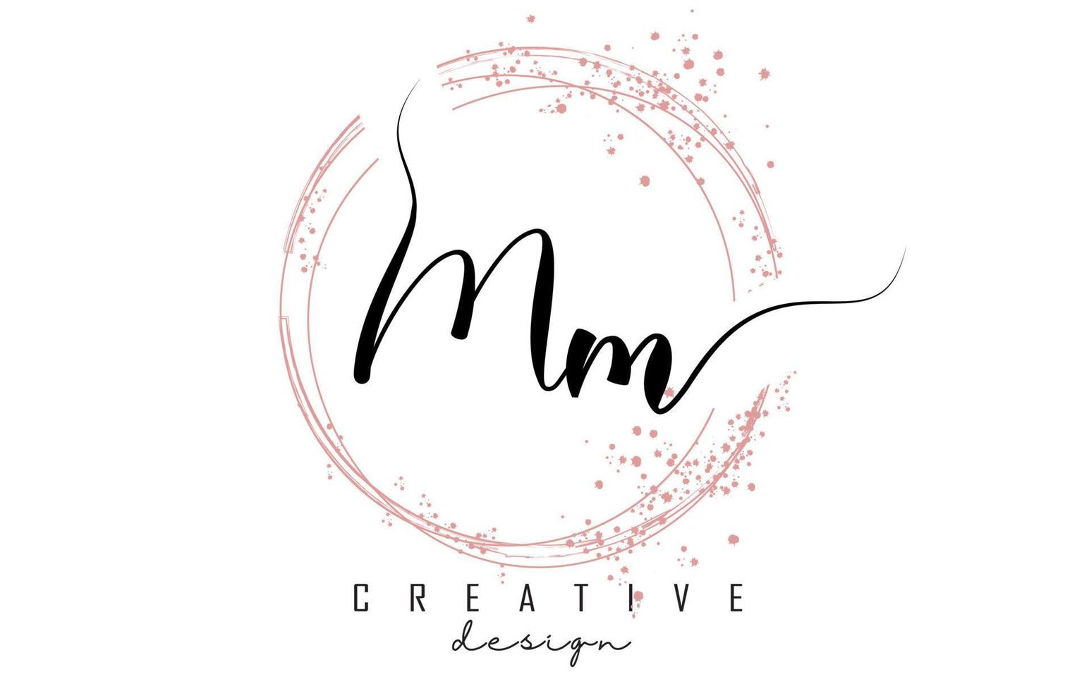 logo della lettera mm mm scritto a mano con cerchi scintillanti con glitter rosa. vettore