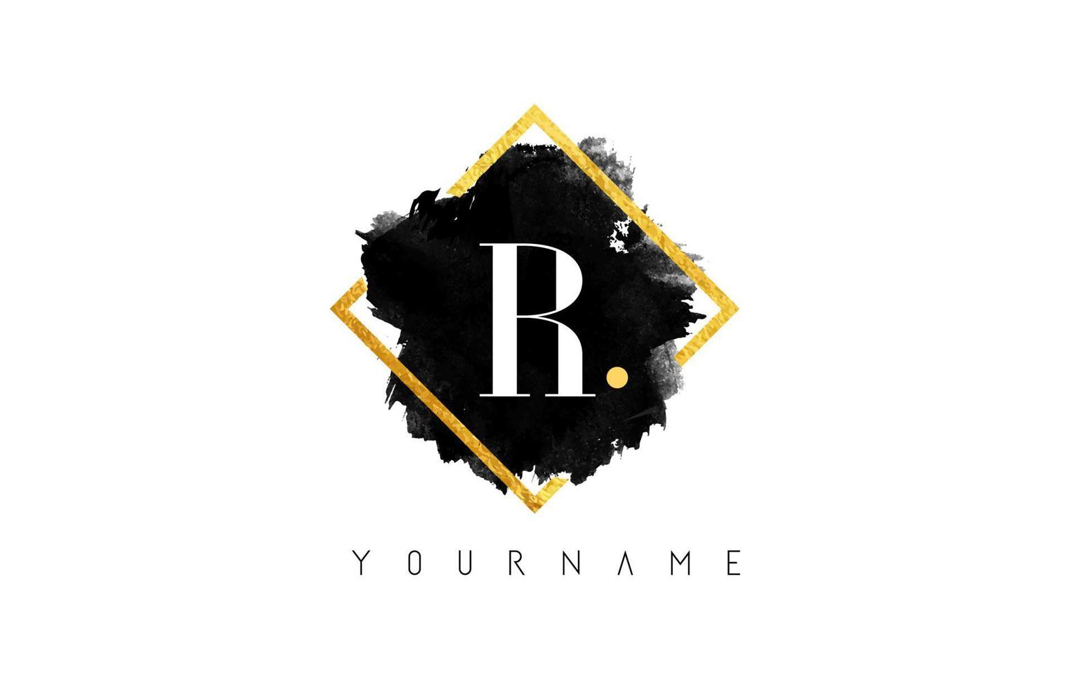 r lettera logo design con tratto nero e cornice dorata. vettore