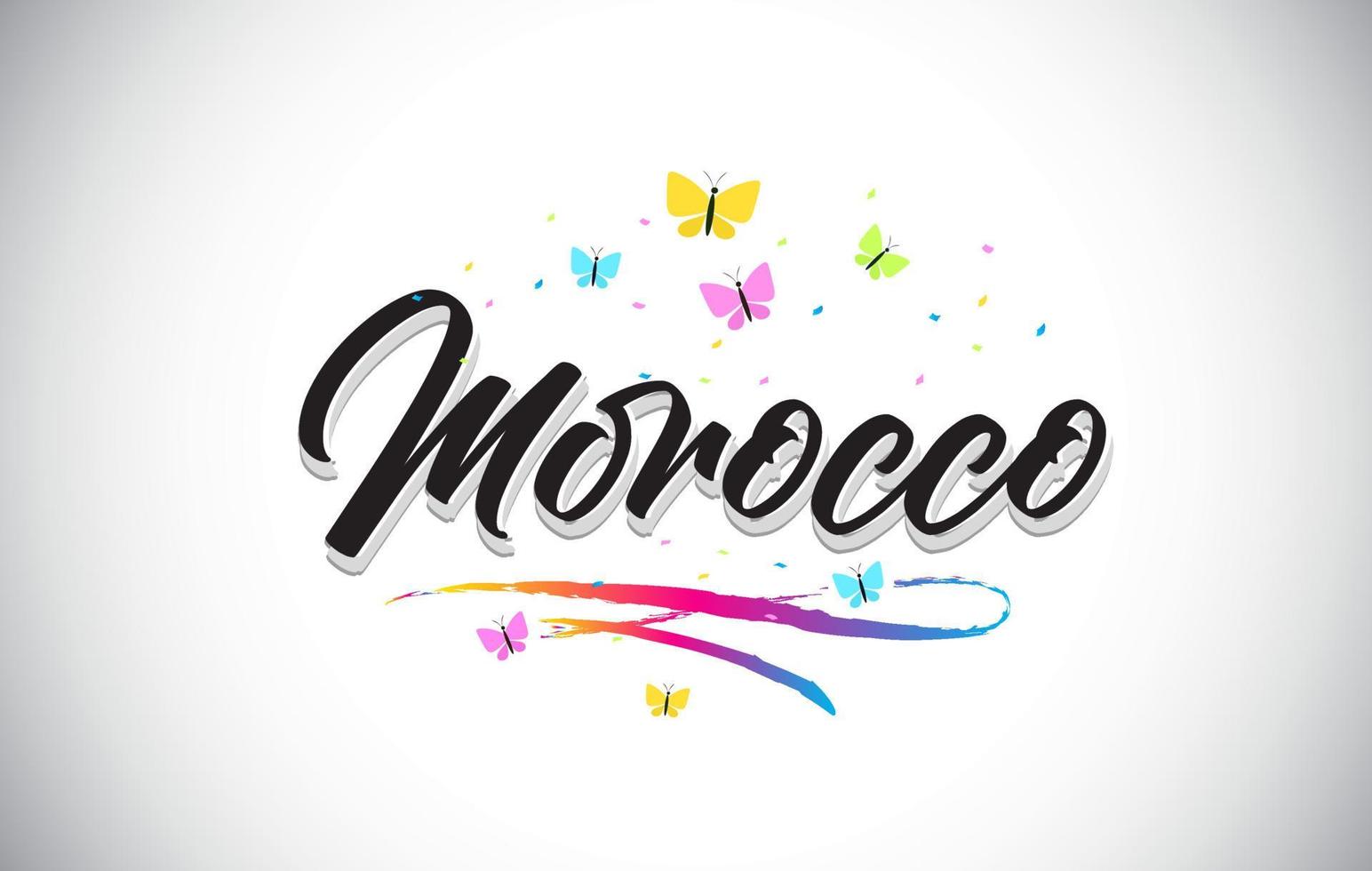 testo di parola vettoriale scritto a mano in Marocco con farfalle e swoosh colorato.