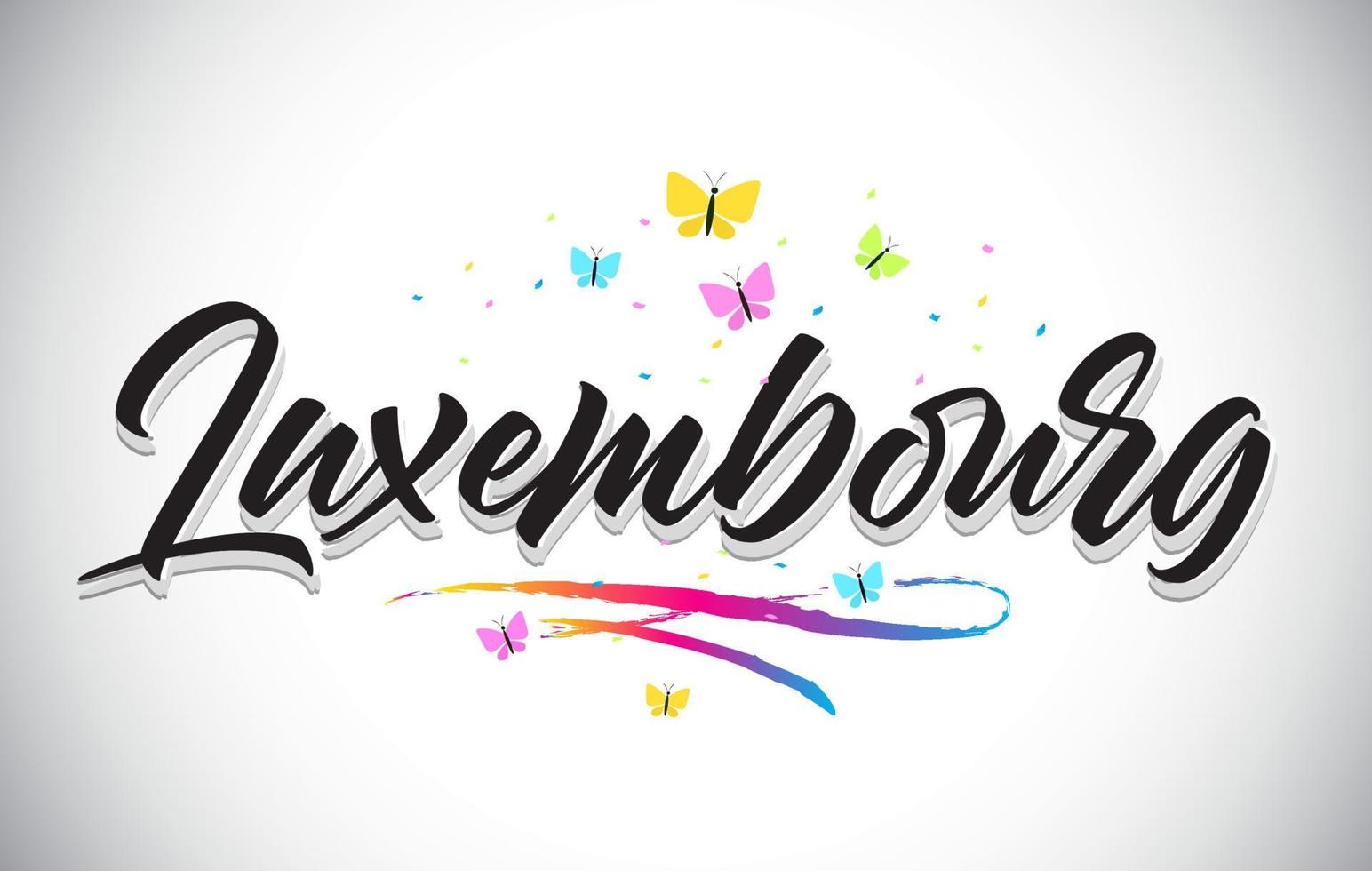 testo di parola vettoriale scritto a mano del Lussemburgo con farfalle e swoosh colorato.