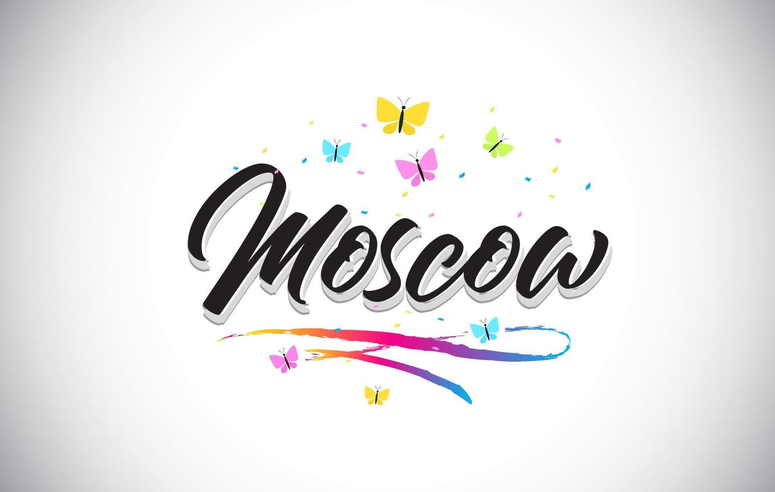 Mosca scritta a mano vettore parola testo con farfalle e swoosh colorato.