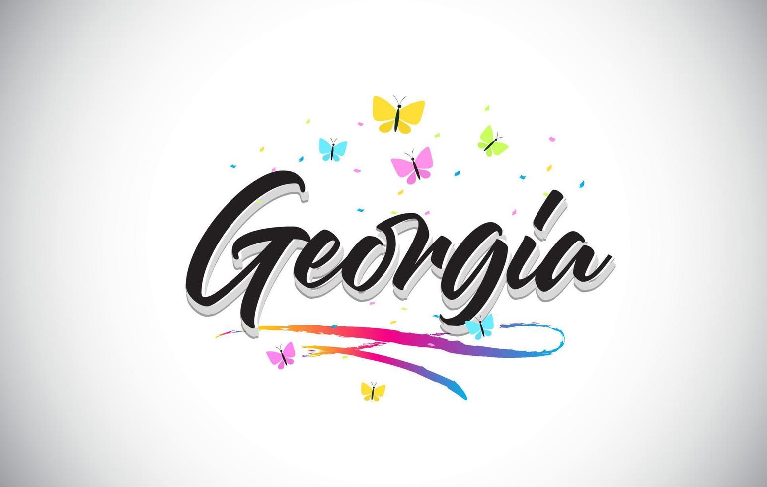 testo di parola vettoriale scritto a mano in Georgia con farfalle e swoosh colorato.