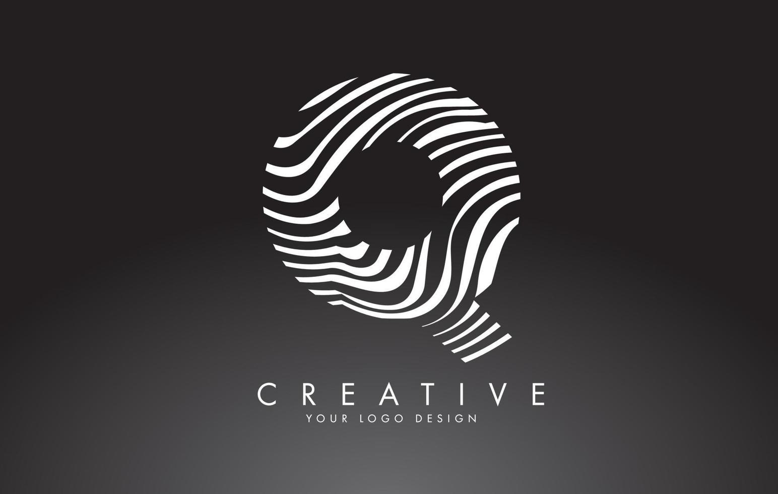 q lettera logo design con impronta digitale, legno bianco e nero o texture zebra su sfondo nero. vettore