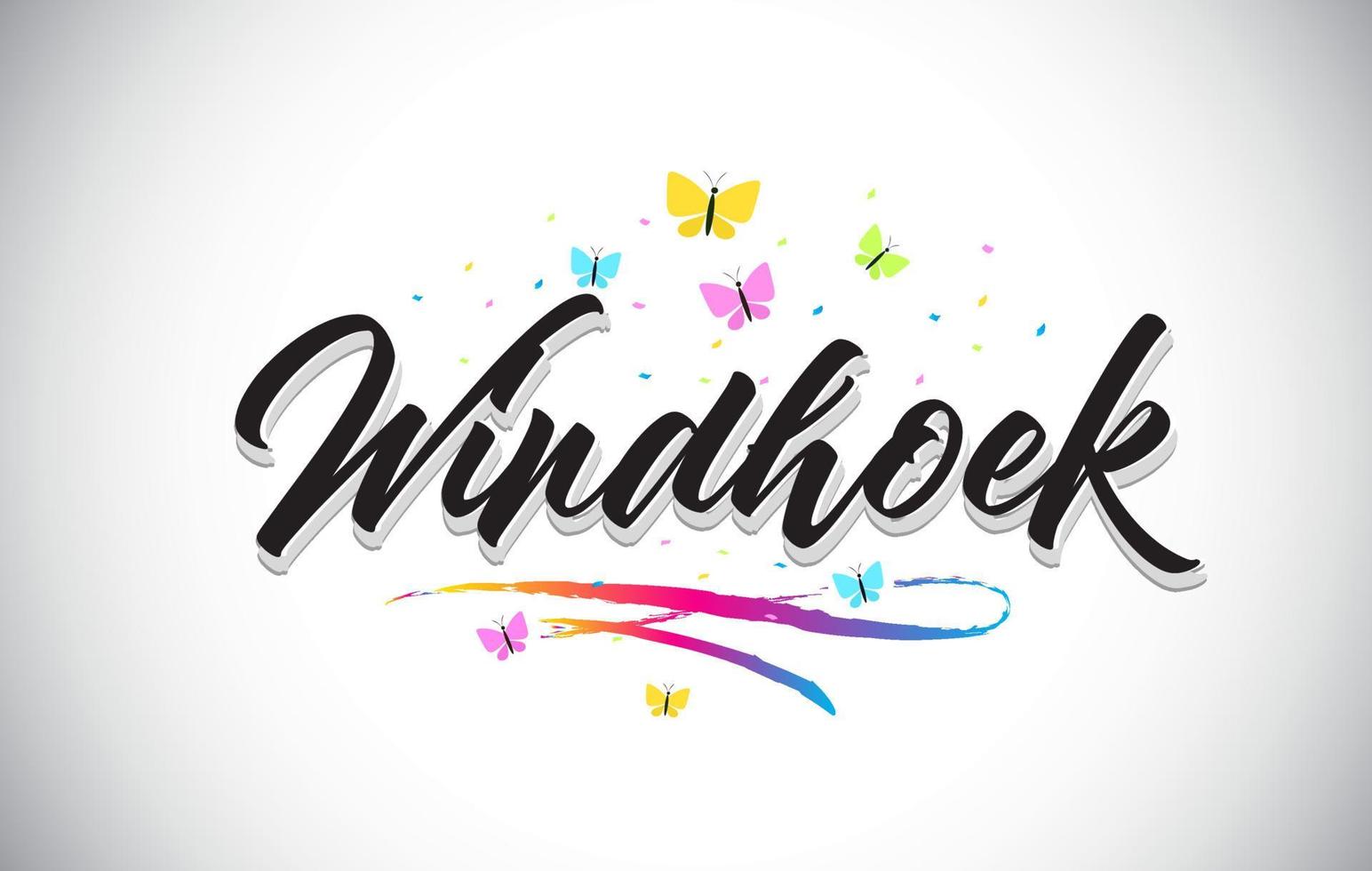 testo di parola vettoriale scritto a mano windhoek con farfalle e swoosh colorato.