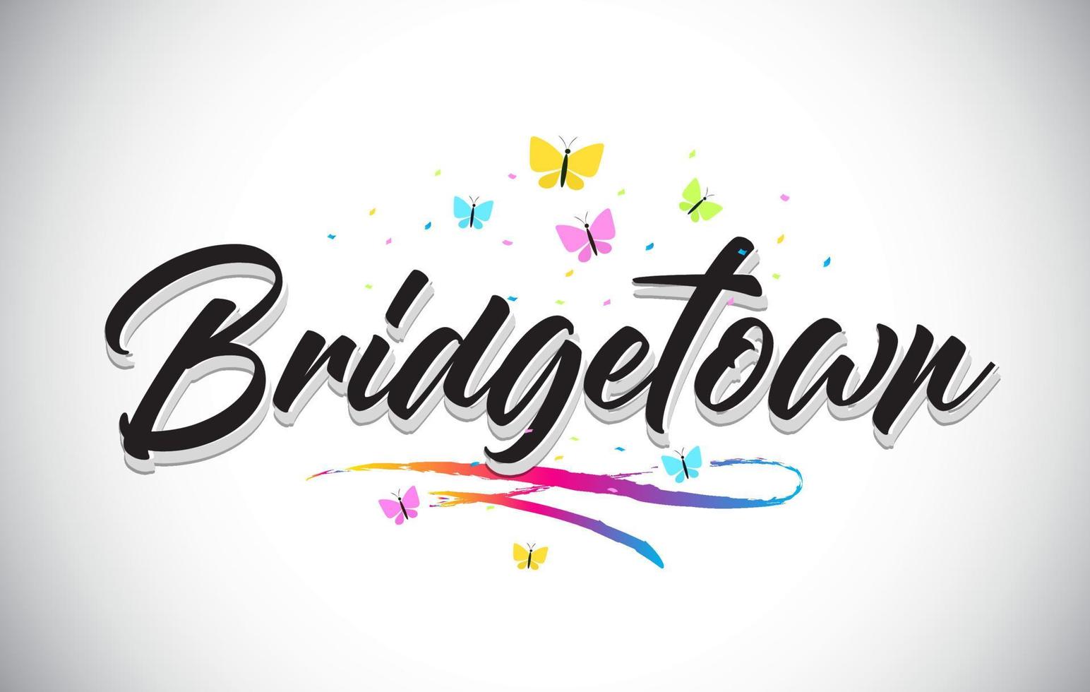 bridgetown testo parola vettoriale scritta a mano con farfalle e swoosh colorato.