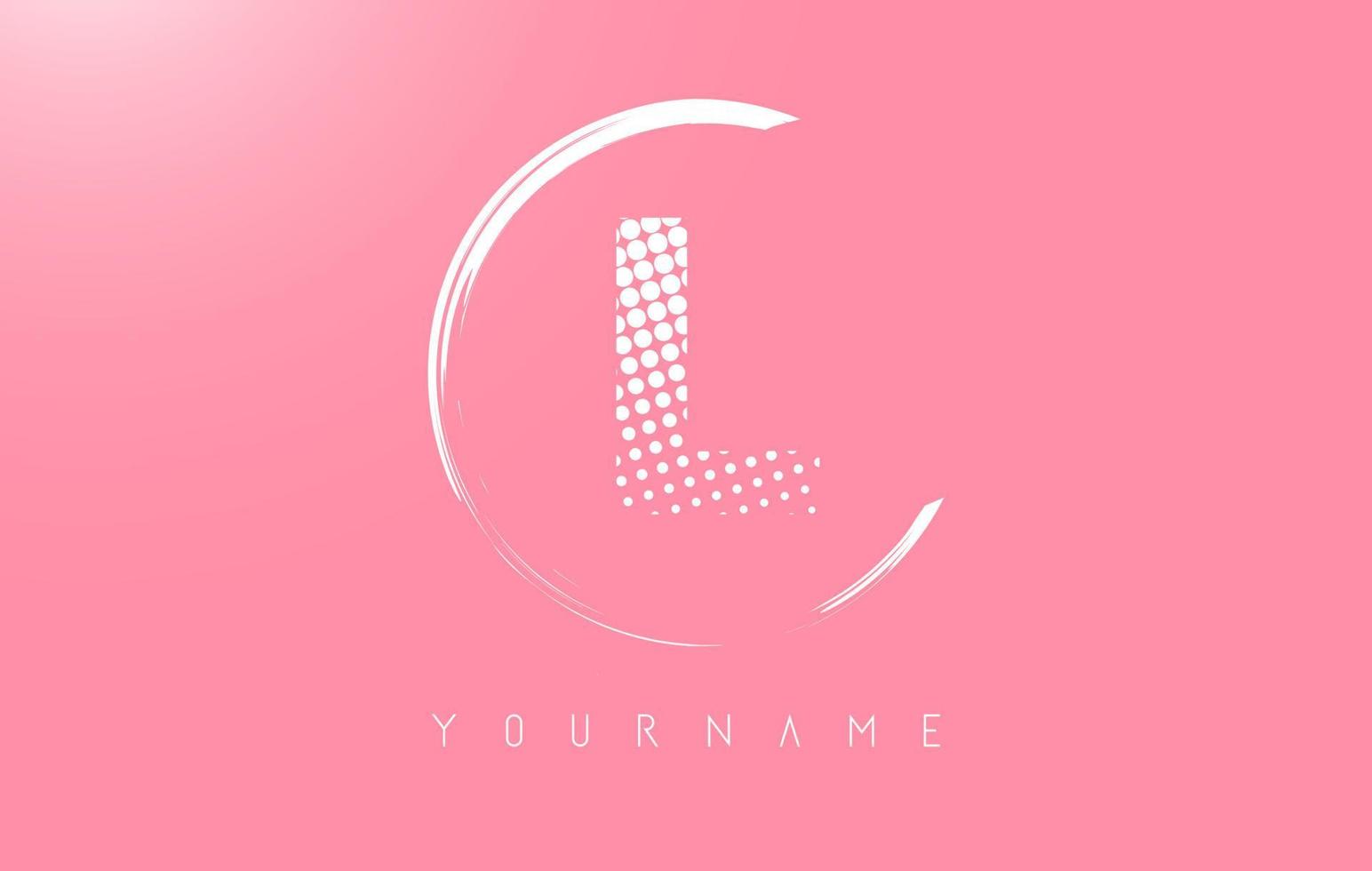 design del logo della lettera l bianca con puntini bianchi e cornice del cerchio bianco su sfondo rosa. vettore