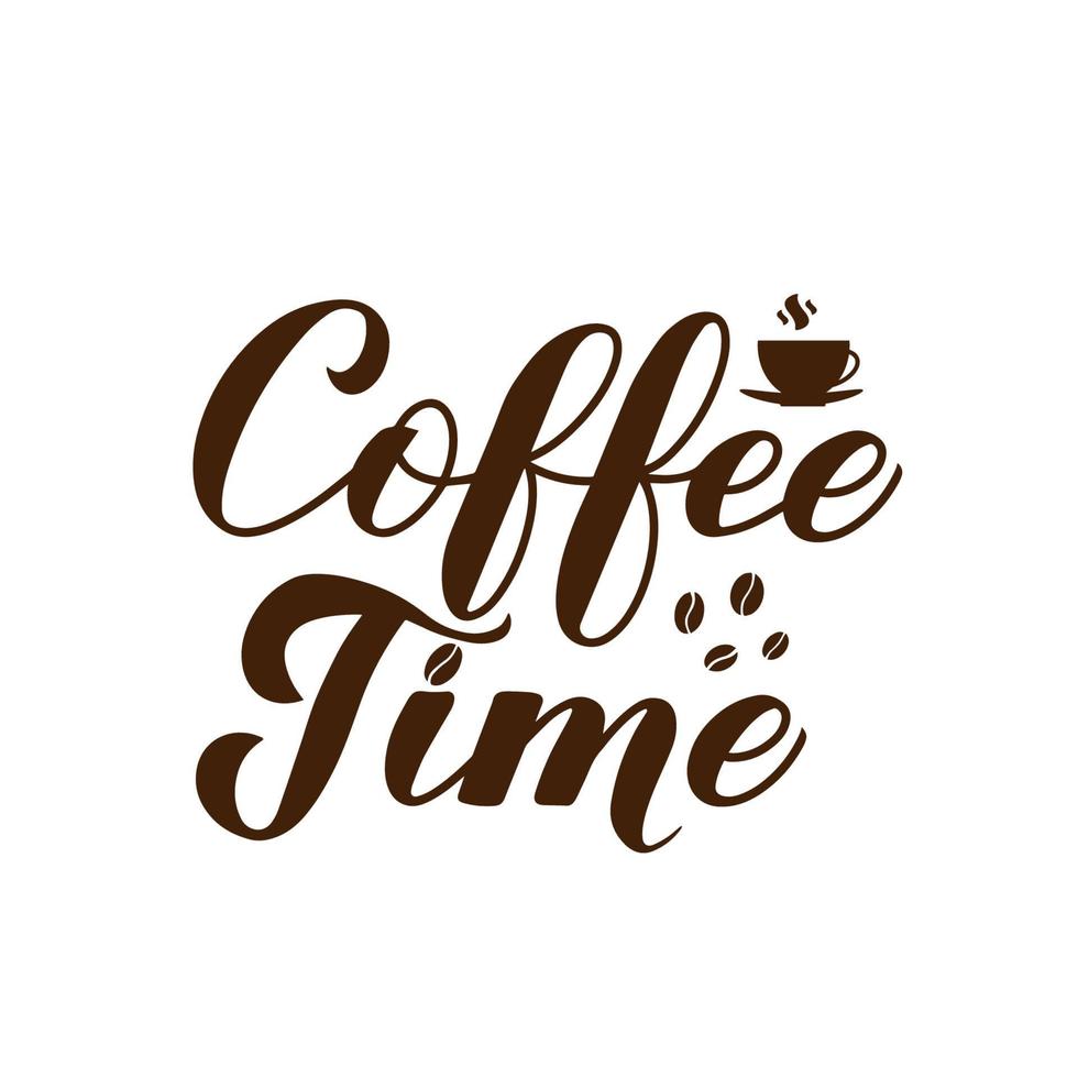 caffè tempo calligrafia scritte a mano con chicchi di caffè e tazza isolato su bianco. modello vettoriale facile da modificare per banner, poster tipografici, volantini, adesivi, tazze, biglietti, t-shirt, ecc.