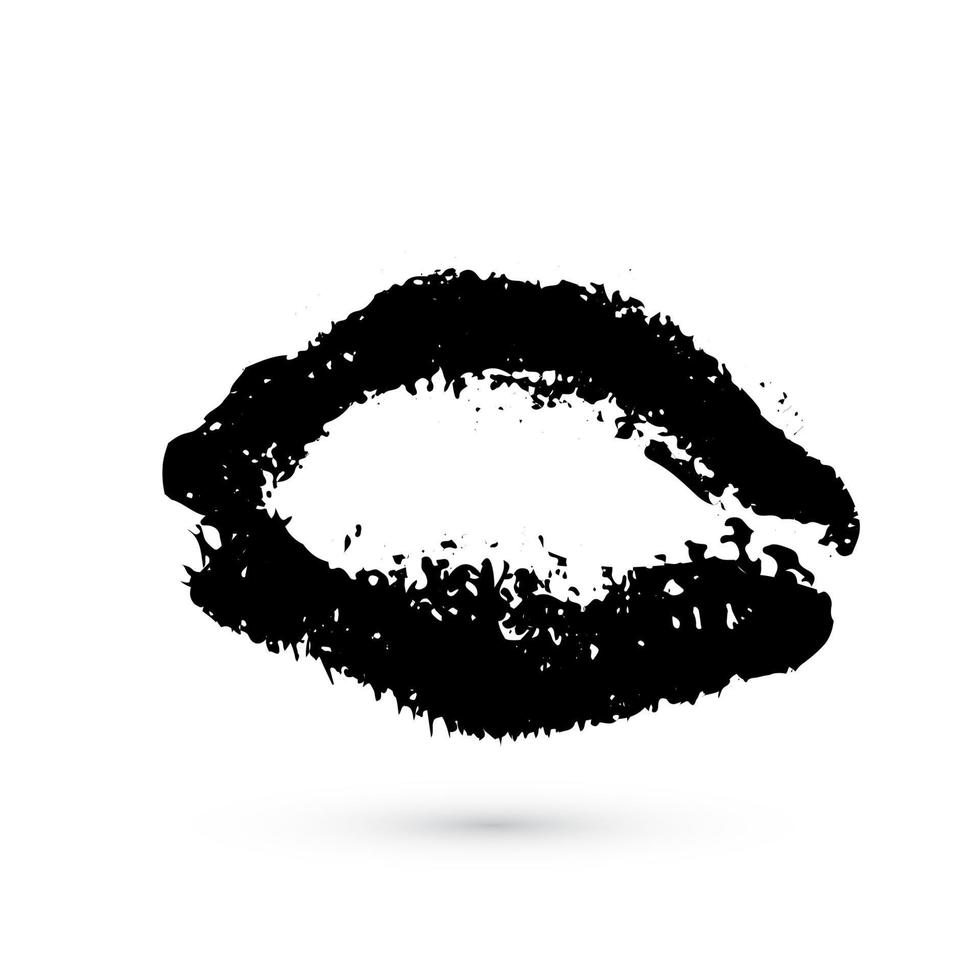 bacio di rossetto nero su sfondo bianco. impronta grunge delle labbra. bacio marchio illustrazione vettoriale. stampa a tema San Valentino. modello facile da modificare per biglietti di auguri, poster, banner, etichette, ecc. vettore