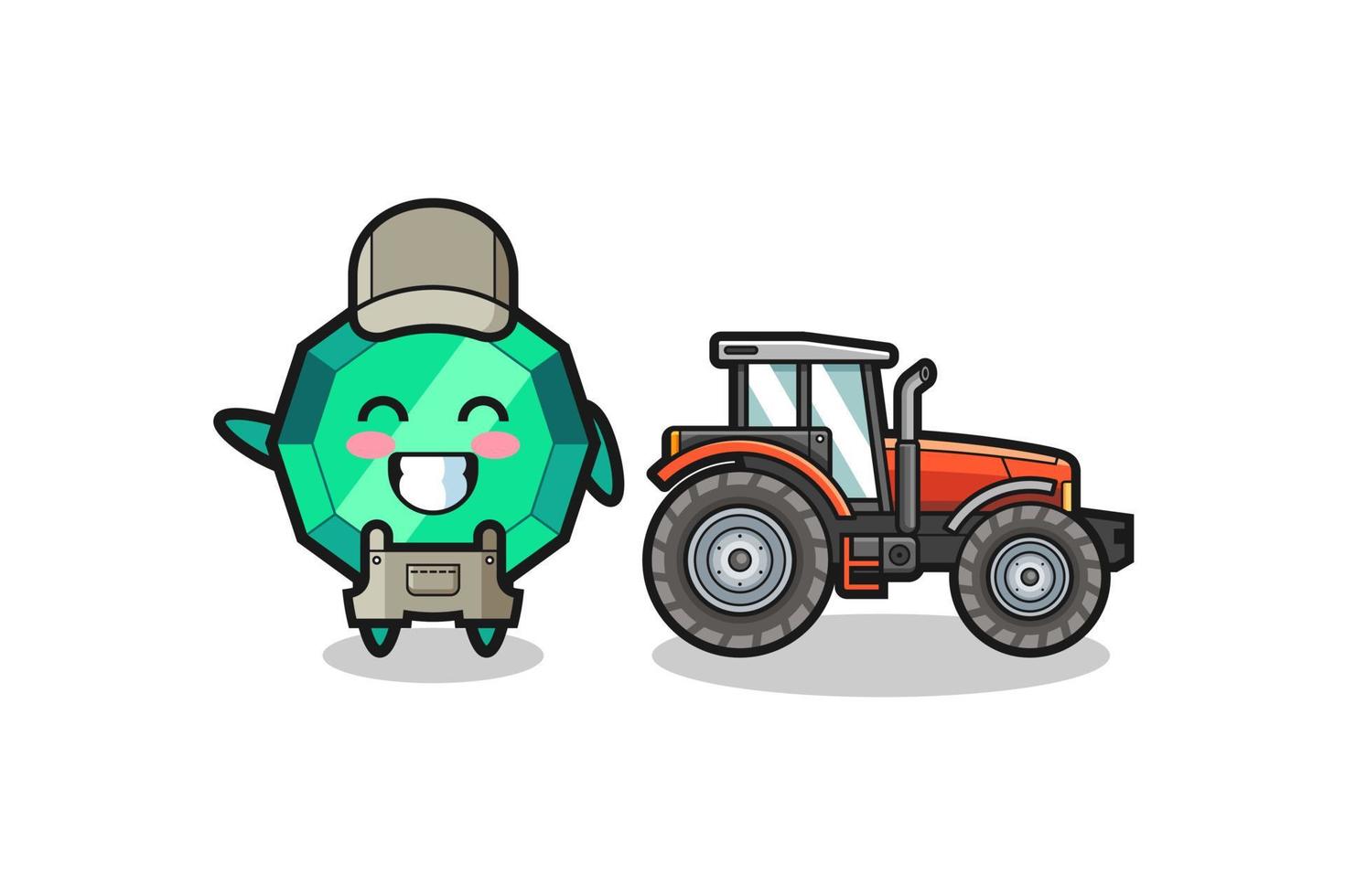 la mascotte dell'agricoltore di pietre preziose smeraldo in piedi accanto a un trattore vettore