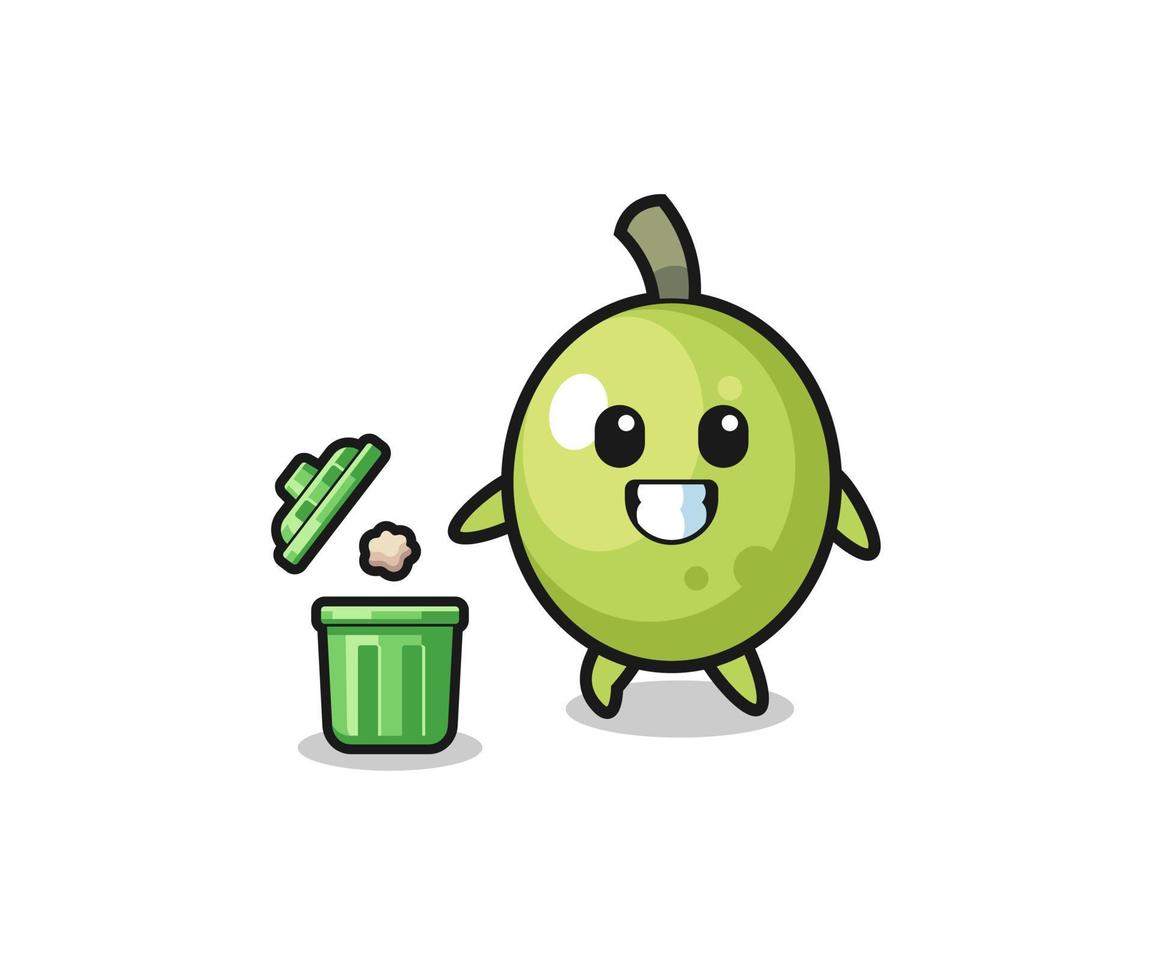 illustrazione dell'oliva che getta la spazzatura nel bidone della spazzatura vettore