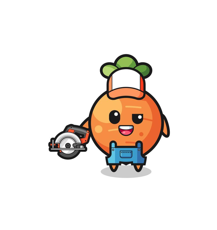 la mascotte della carota del falegname con in mano una sega circolare vettore