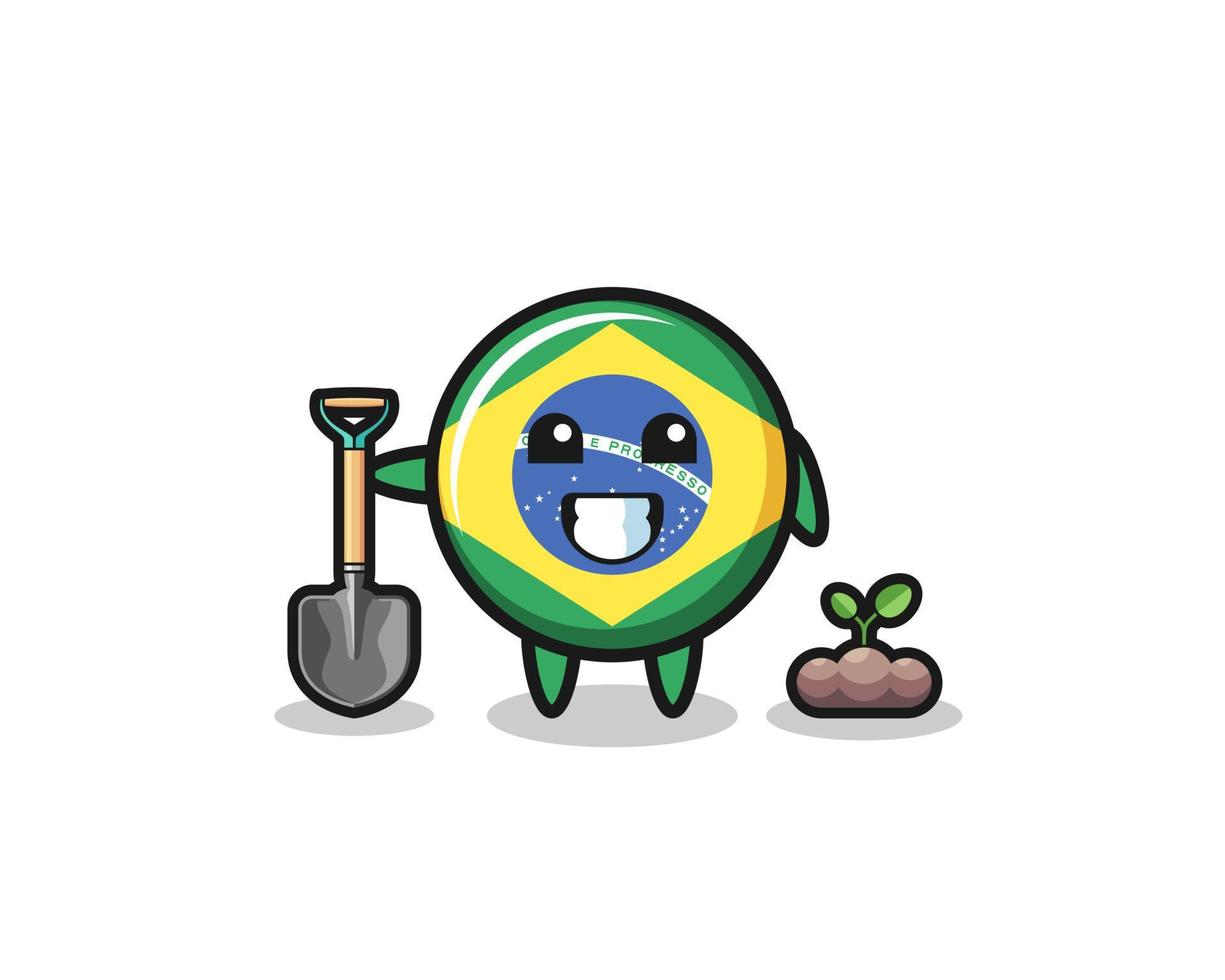 simpatico cartone animato bandiera brasile sta piantando un seme di albero vettore
