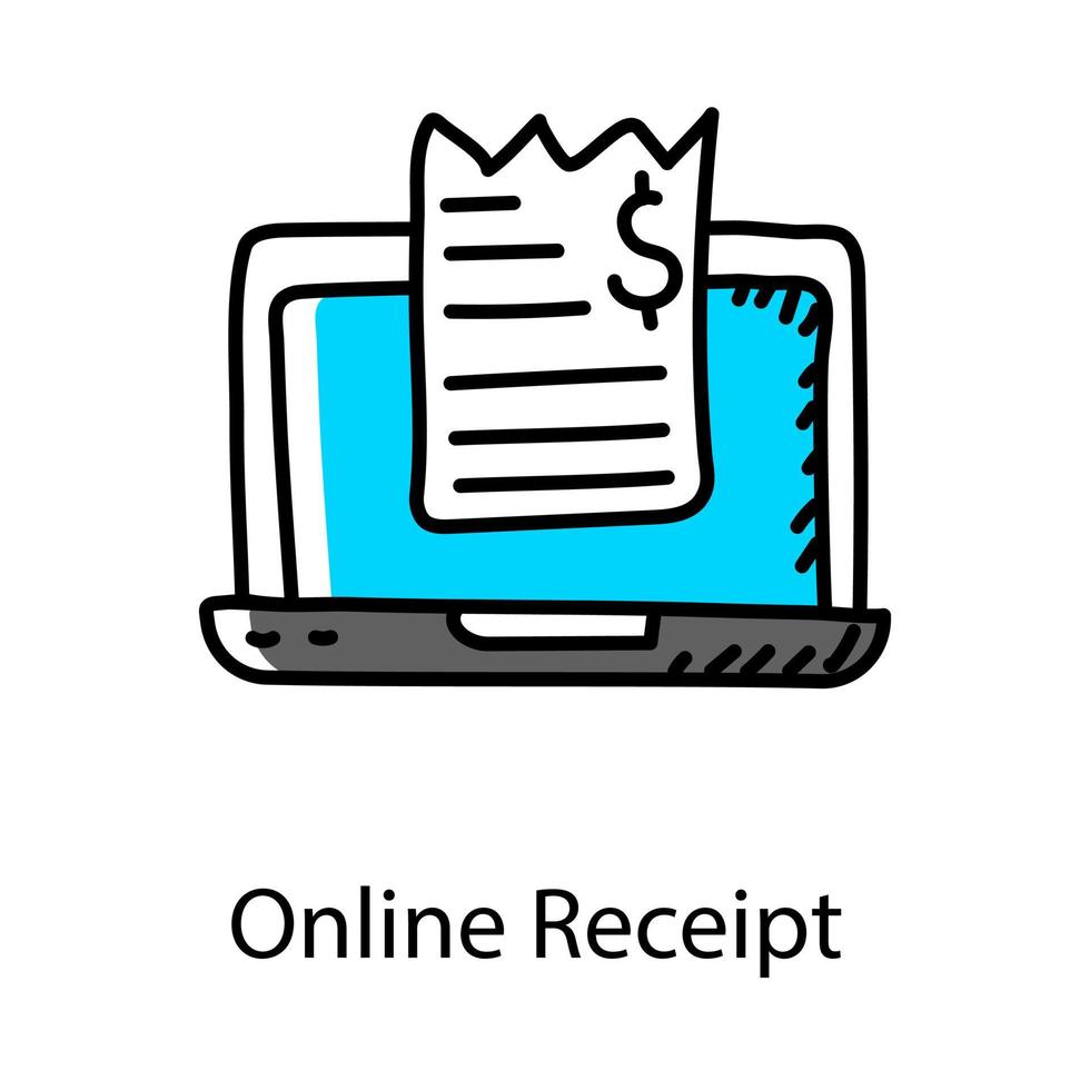 fattura con laptop stile scarabocchio dell'icona della ricevuta online vettore