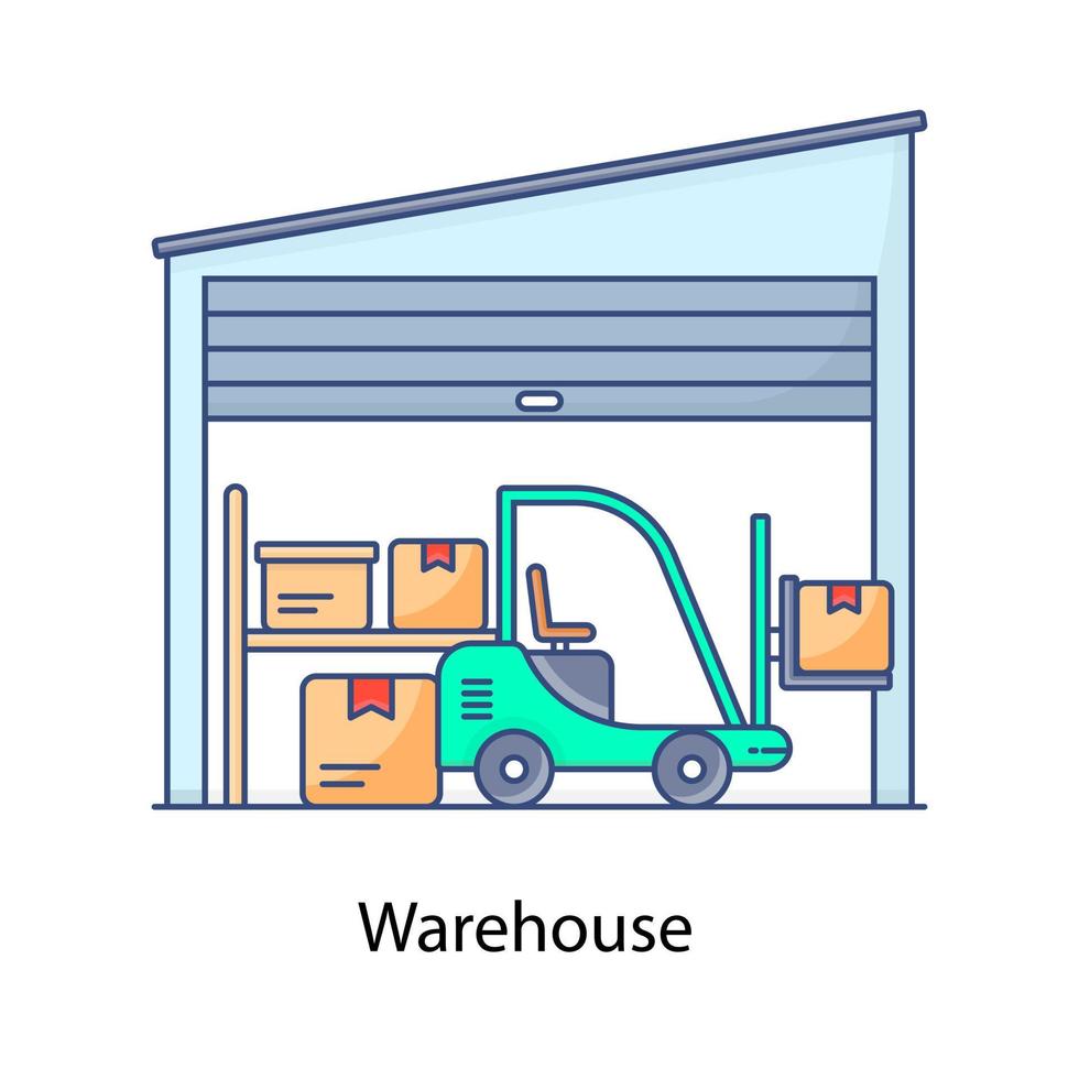 icona del magazzino in un edificio dal design piatto per lo stoccaggio di merci vettore