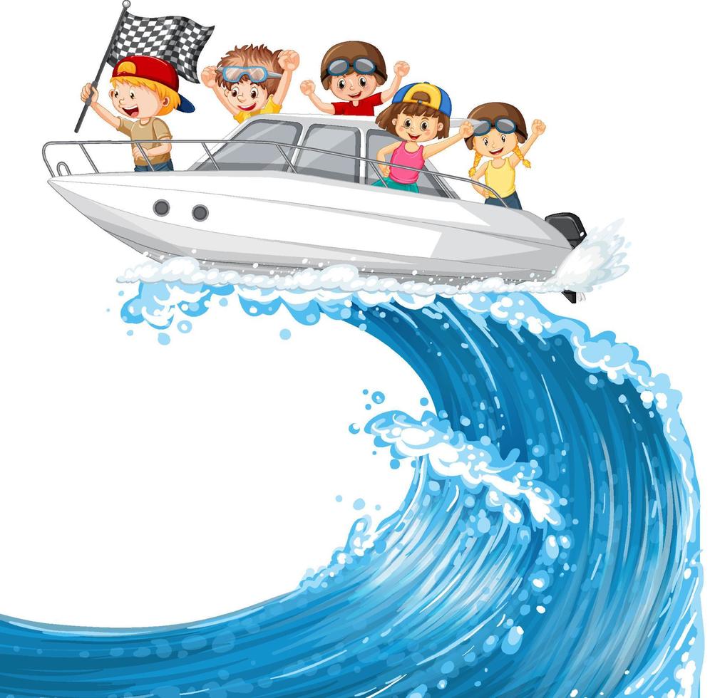 giovane ragazzo alla guida di una barca con i suoi amici vettore