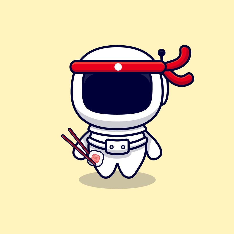 carino astronauta mangiare sushi roll fumetto icona vettore illustrazione. stile cartone animato piatto