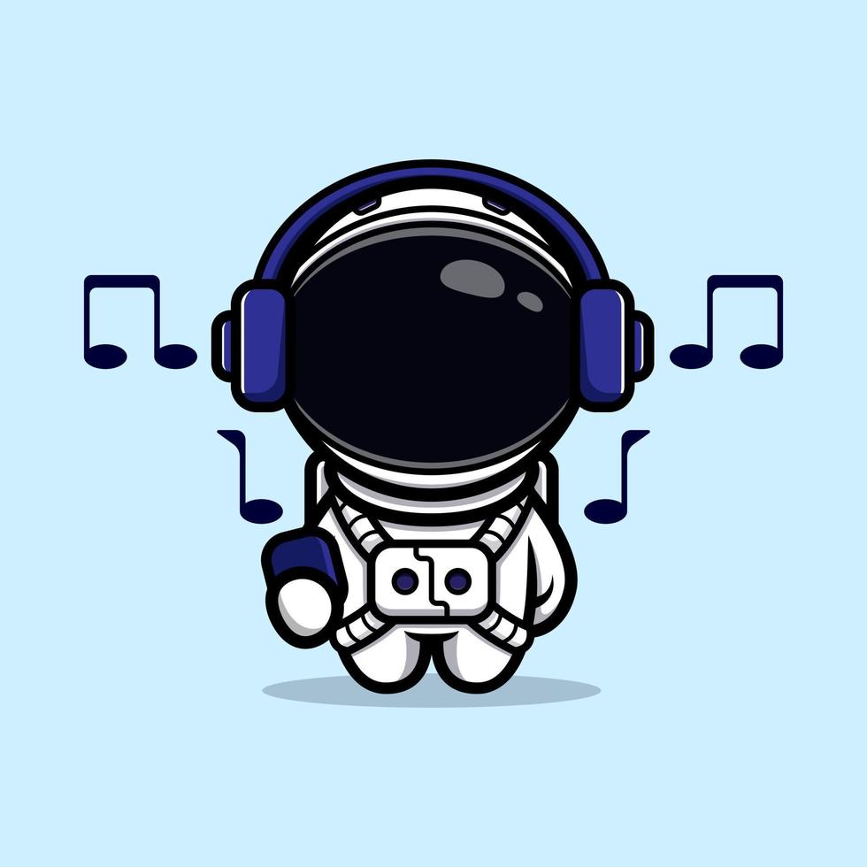 simpatico astronauta che ascolta musica con il design della mascotte delle cuffie vettore