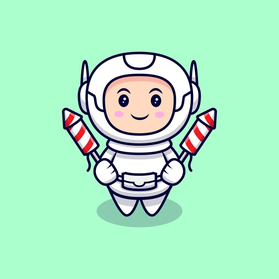 carino astronauta azienda fuochi d'artificio fumetto icona vettore illustrazione. stile cartone animato piatto
