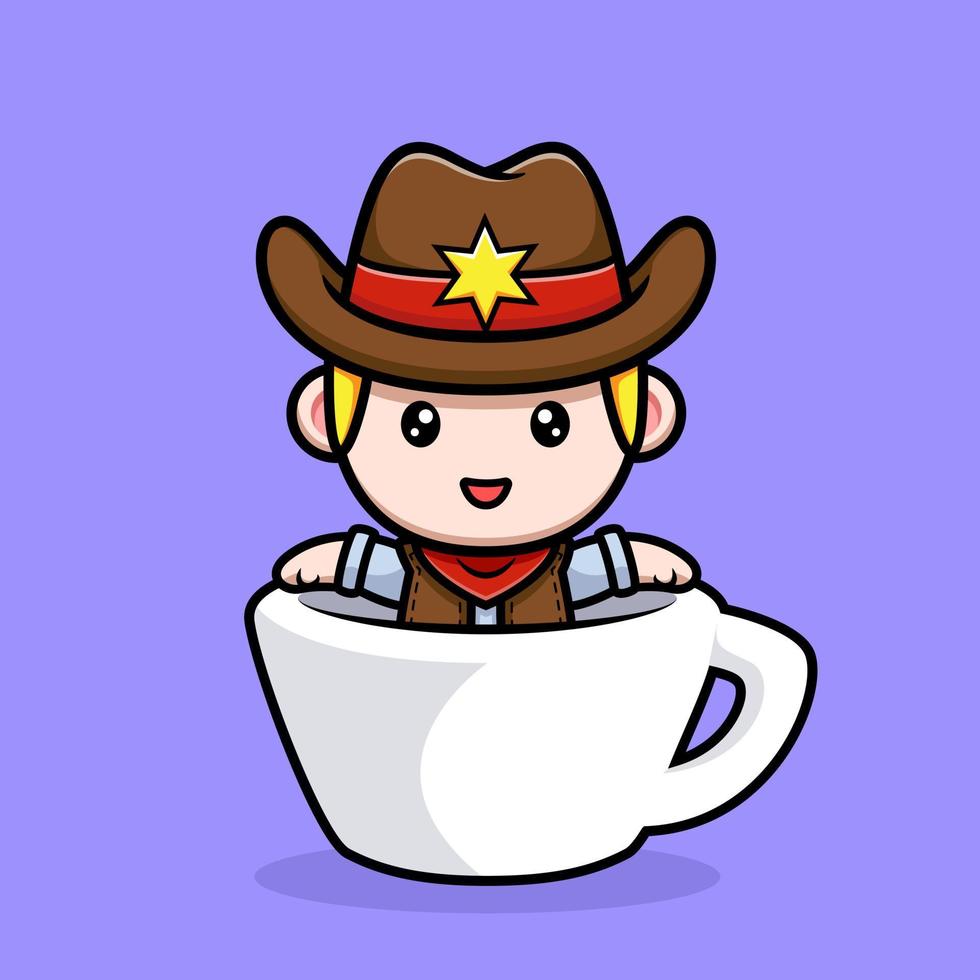 carino piccolo cowboy dentro la tazza mascotte illustrazione vettore