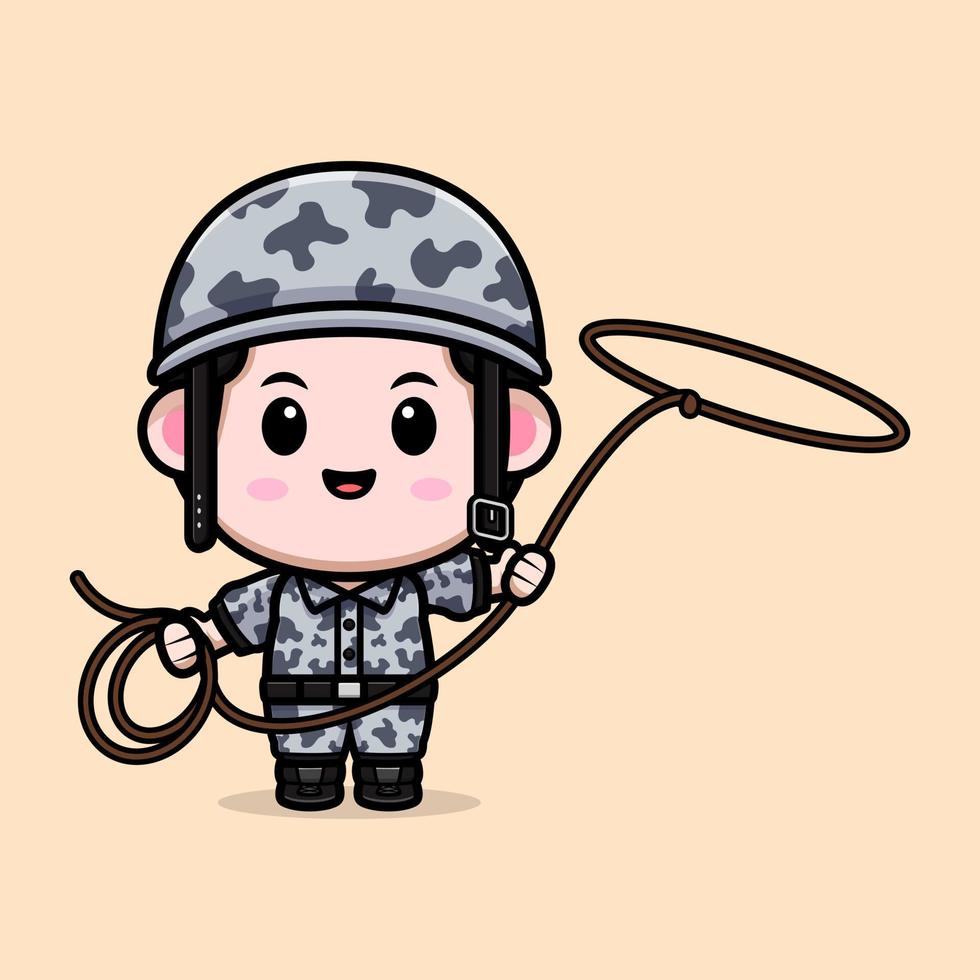 carino icona del fumetto mascotte dell'esercito. illustrazione del personaggio mascotte kawaii per adesivo, poster, animazione, libro per bambini o altro prodotto digitale e di stampa vettore