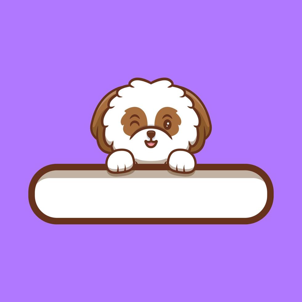simpatico cucciolo di shih-tzu che tiene l'illustrazione dell'icona del fumetto dell'etichetta di testo vuota vettore