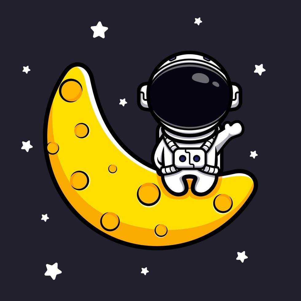 simpatico astronauta seduto sulla luna e agitando la mano mascotte design vettore