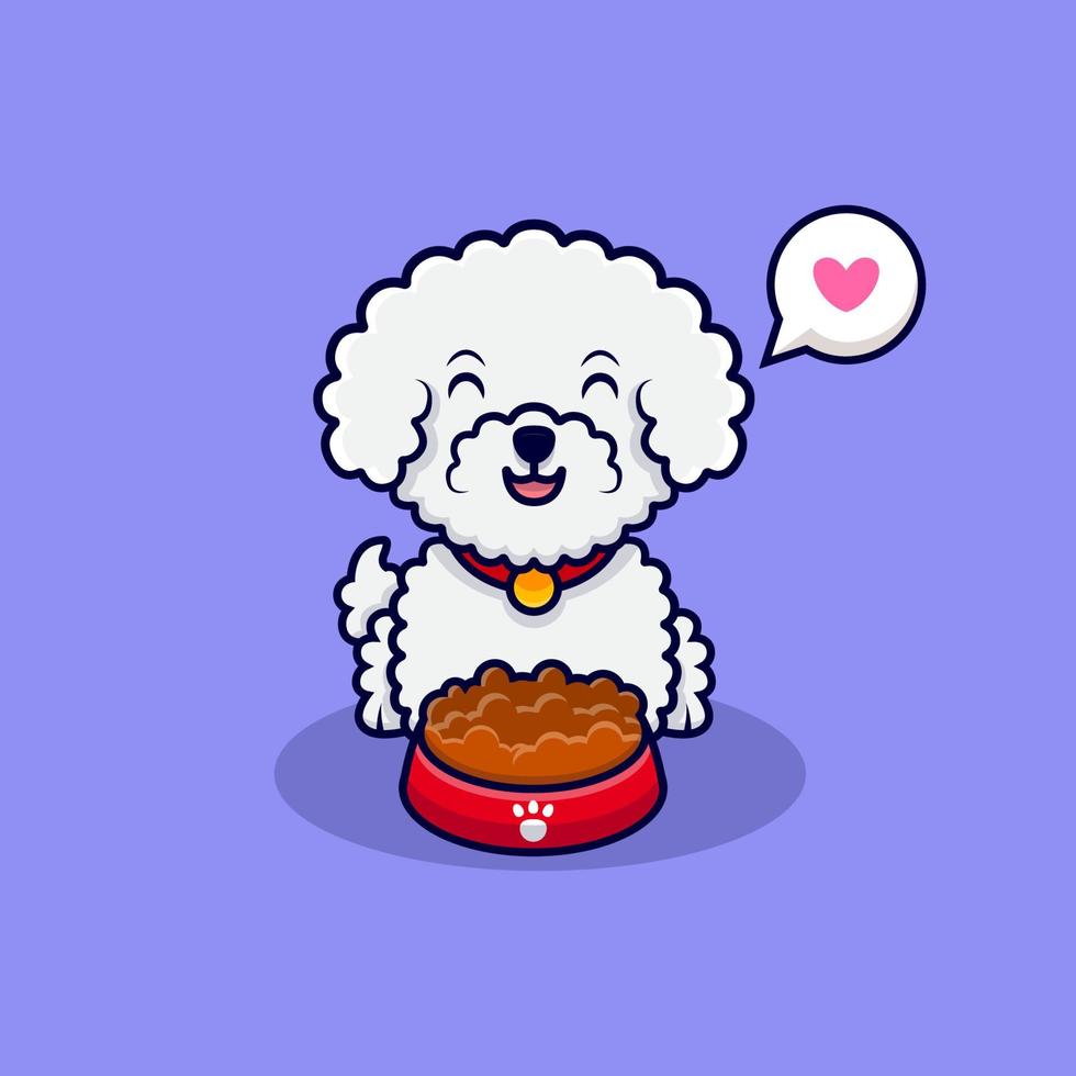 il simpatico cane bichon frise ama mangiare l'illustrazione dell'icona del fumetto del cibo vettore