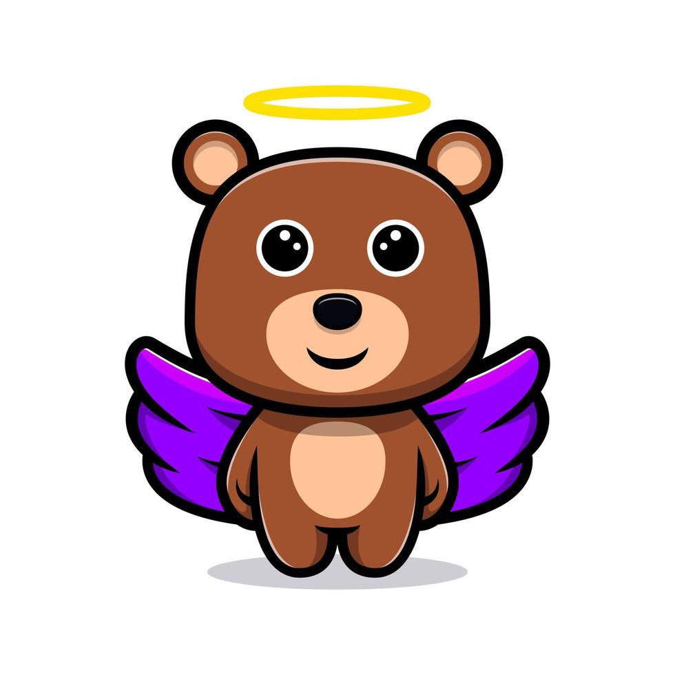 simpatico orso angelo con personaggio dei cartoni animati ala viola vettore
