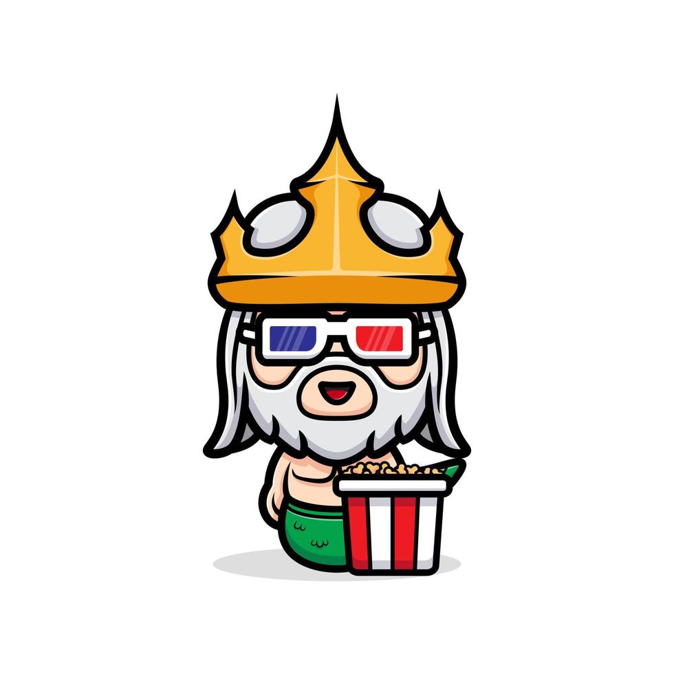 carino Nettuno che indossa occhiali da film e mangia popcorn, disegno della mascotte del re dell'oceano vettore