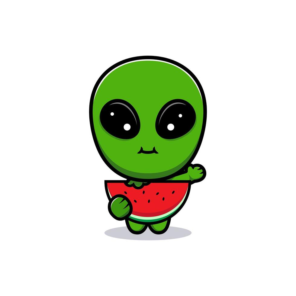 disegno di un simpatico alieno che mangia anguria vettore