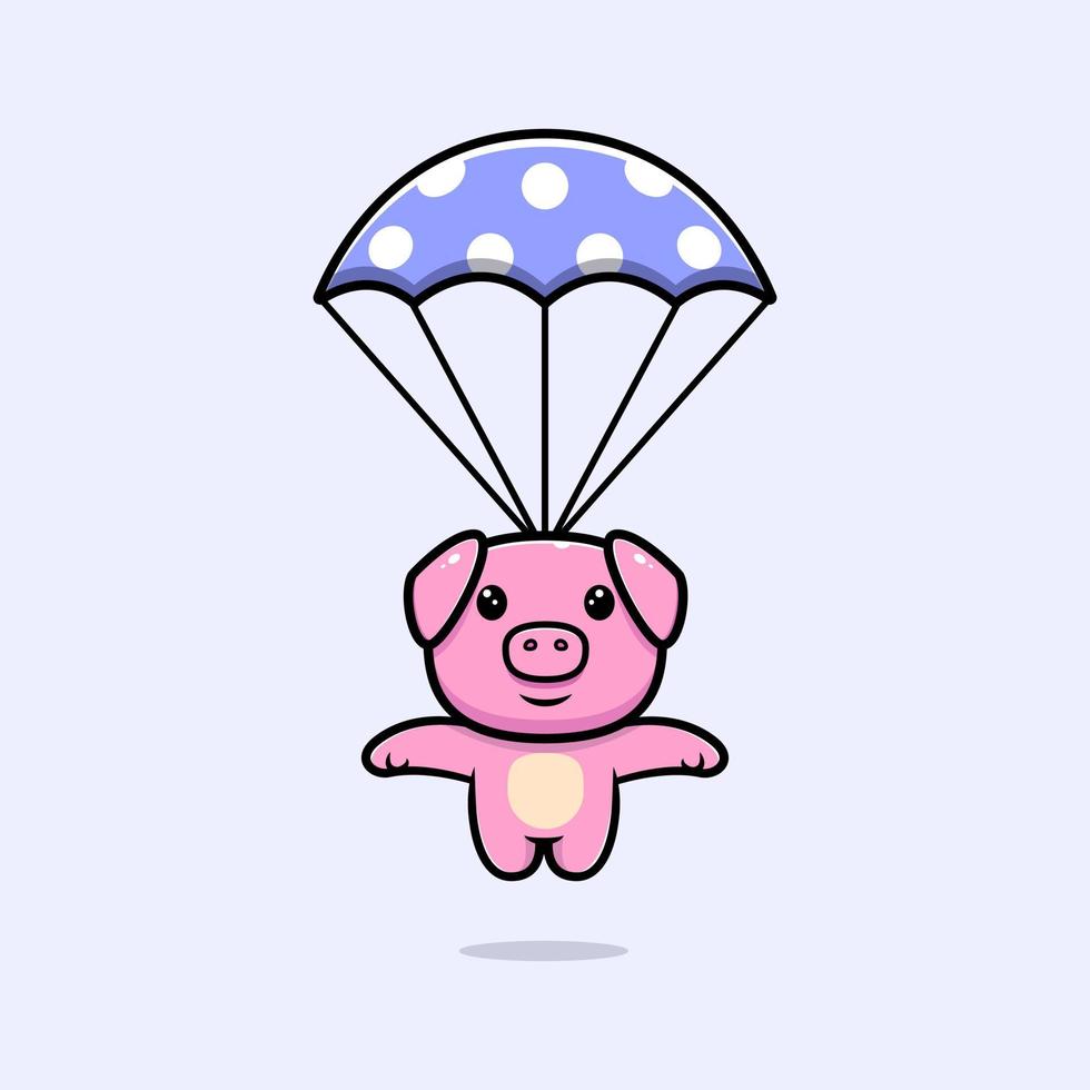 maiale carino con personaggio mascotte paracadute. illustrazione dell'icona animale vettore