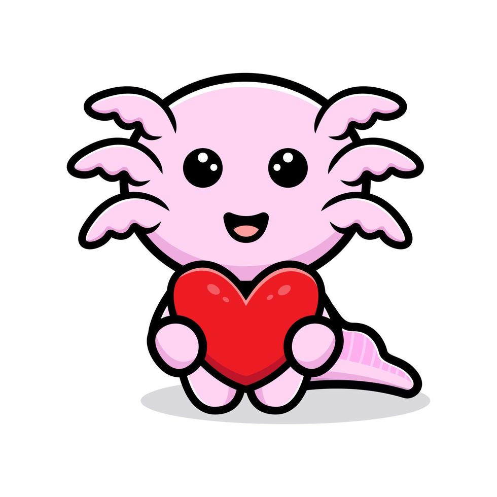 simpatico oxolotl che tiene il personaggio dei cartoni animati del cuore vettore