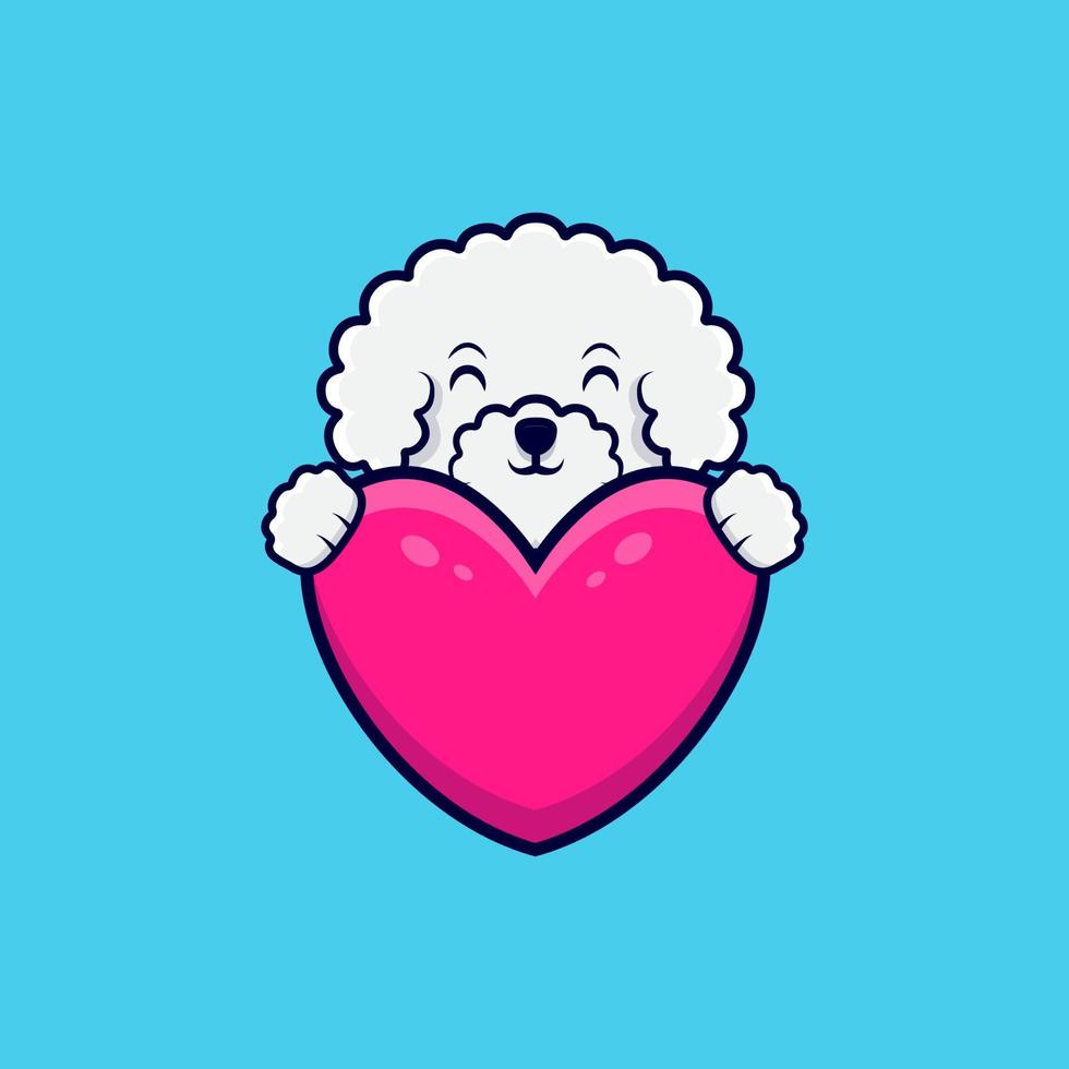 simpatico cane bichon frise che tiene in mano un cuore rosa icona del fumetto illustrazione vettore
