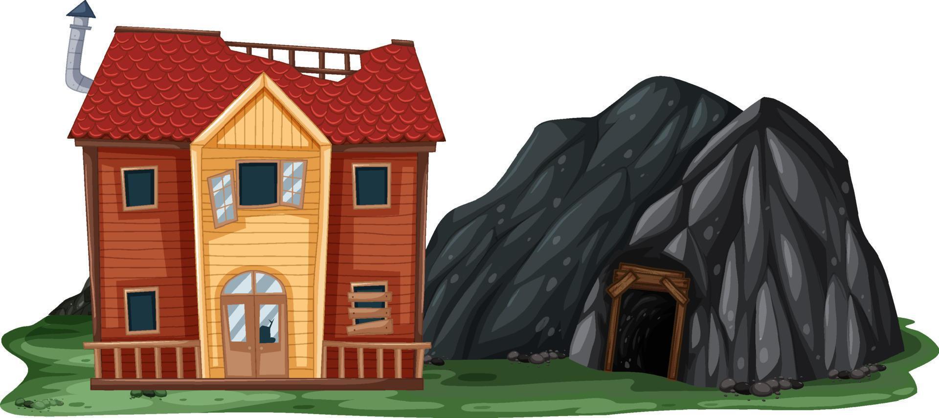una casa abbandonata con una grotta di roccia su sfondo bianco vettore