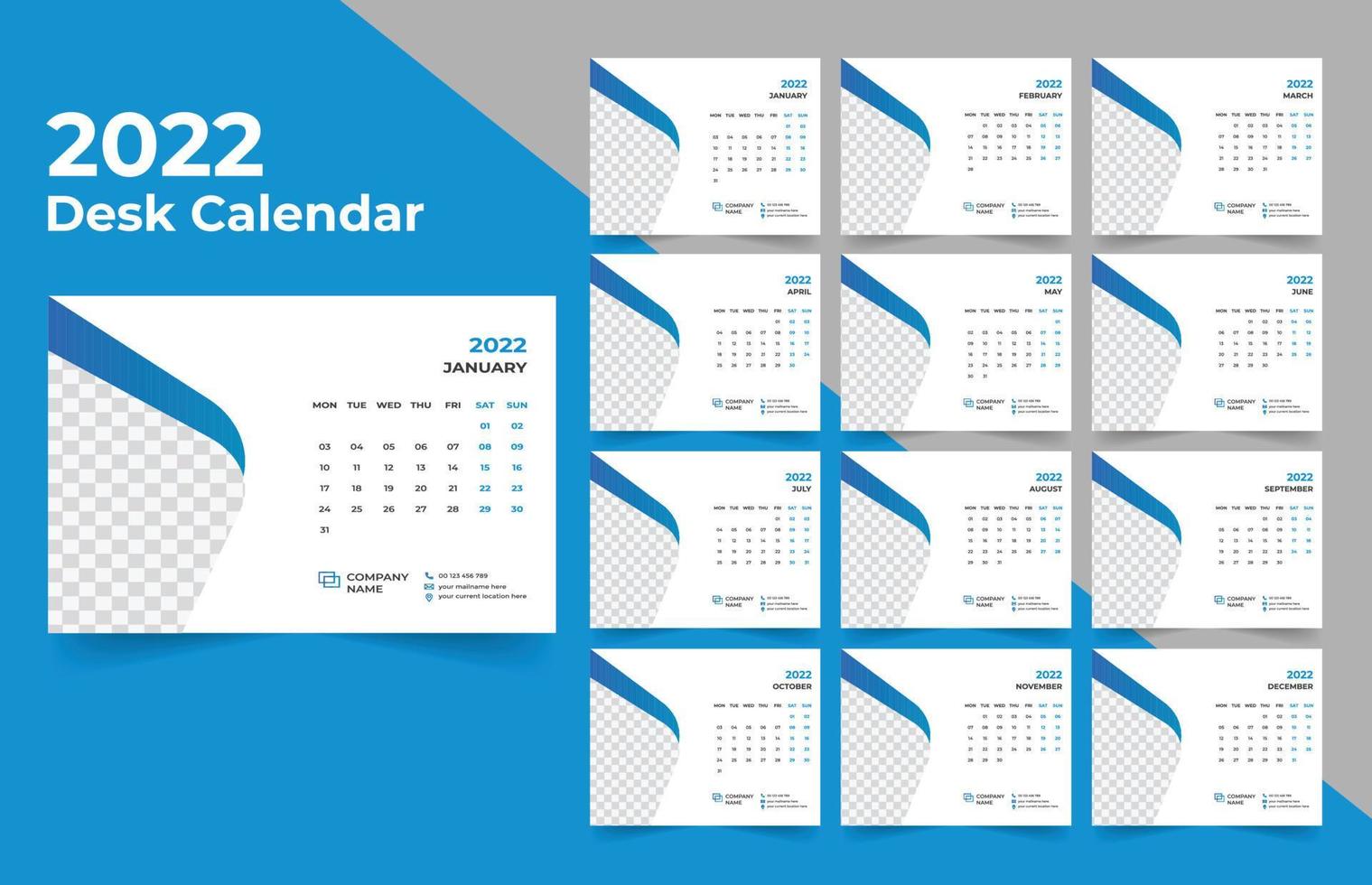 Calendario da tavolo 2022. La settimana inizia il lunedì. modello per il calendario annuale 2022. vettore