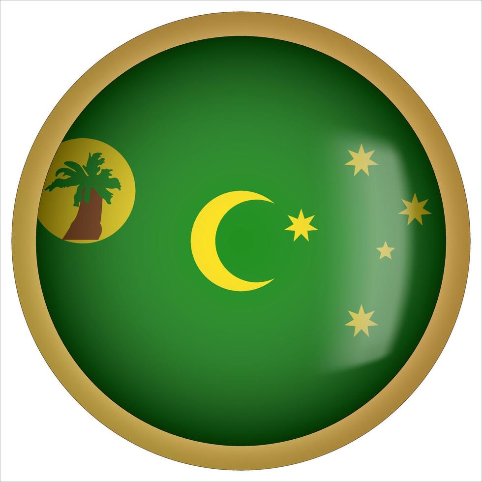Cocos o Isole Keeling 3d icona del pulsante bandiera arrotondata con cornice dorata vettore