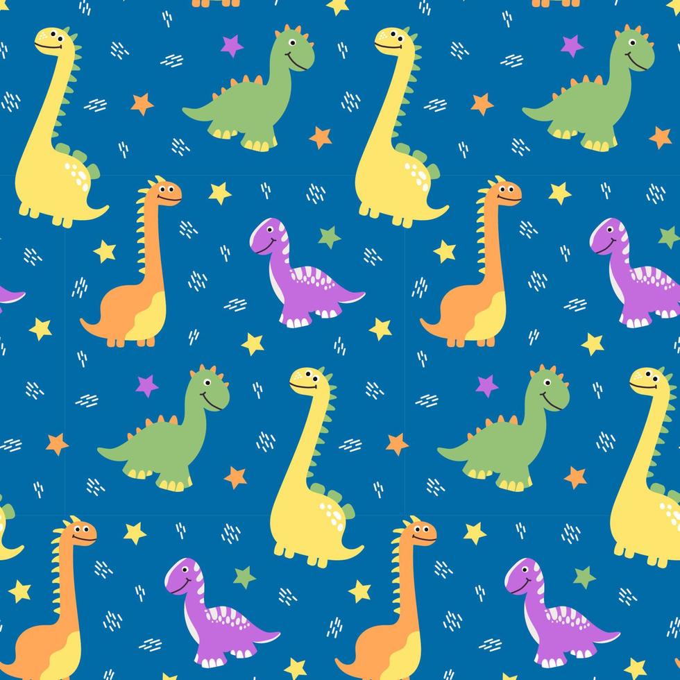 modello senza cuciture di dinosauri multicolori su sfondo blu con stelle in stile cartone animato vettore