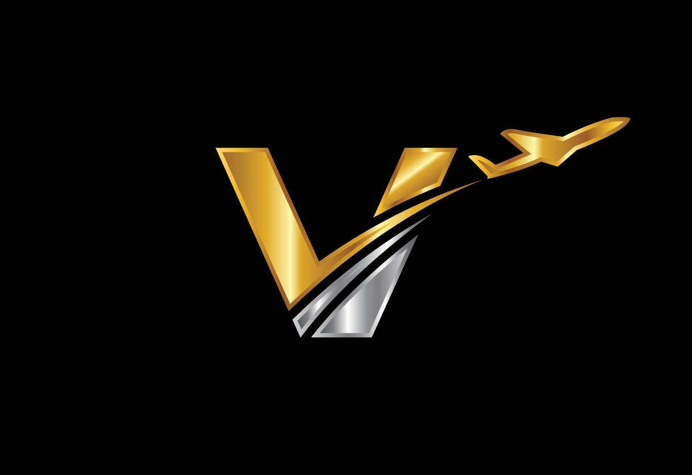 lettera iniziale v con design del logo dell'aeroplano. compagnia aerea, aereo, aviazione, modello di logo di viaggio. vettore