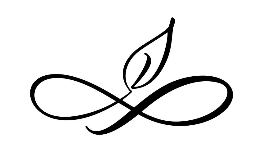 Simbolo dell&#39;illustrazione di vettore di calligrafia di infinito con la foglia. Eterno emblema senza limiti. Ciclo infinito concetto di vita eco. Pennellata moderna. Elemento di design grafico bio per carta e logo