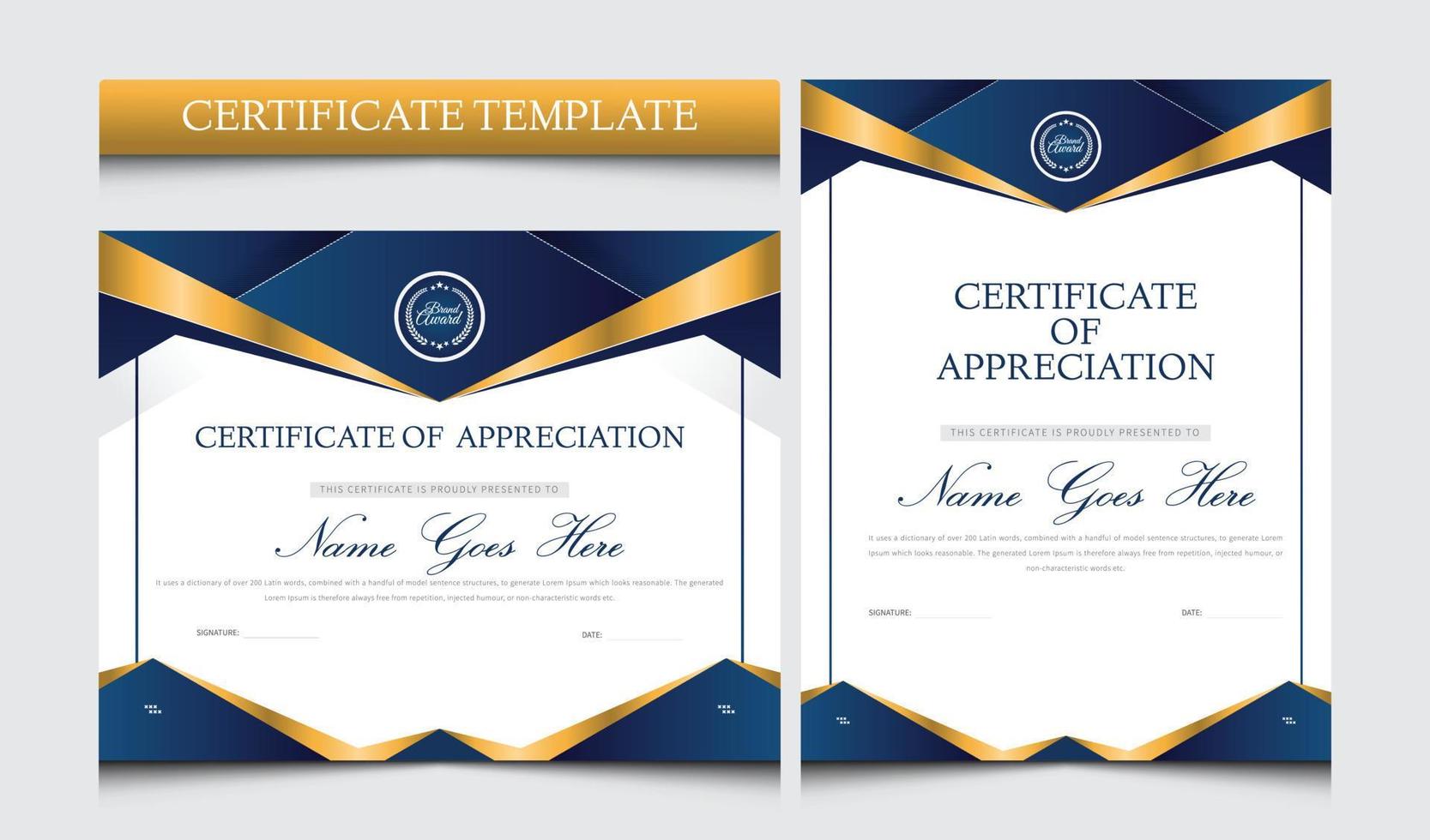 certificato di apprezzamento del design. modello di bordo certificato di apprezzamento blu e oro con forma di lusso. modello di certificato aziendale. vettore