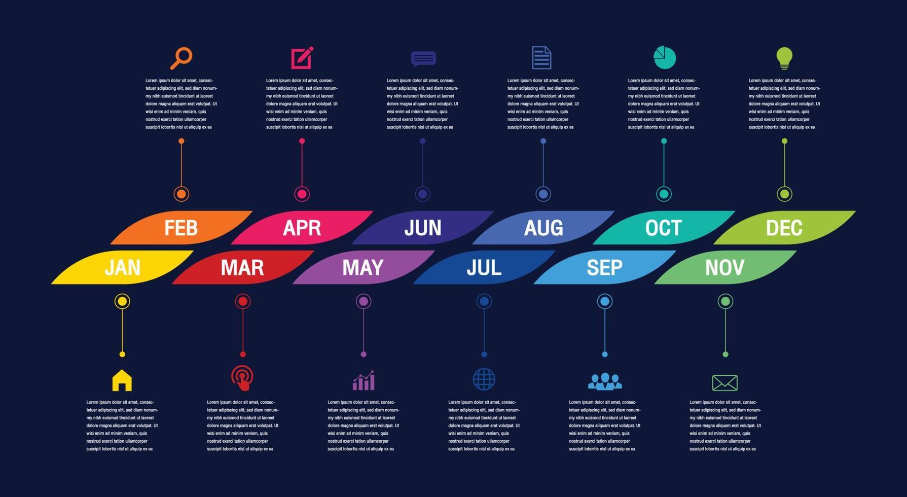 Infografica timeline di 12 mesi o 1 anno, infografica timeline per report e presentazioni annuali, infografica timeline design vettoriale e business di presentazione.