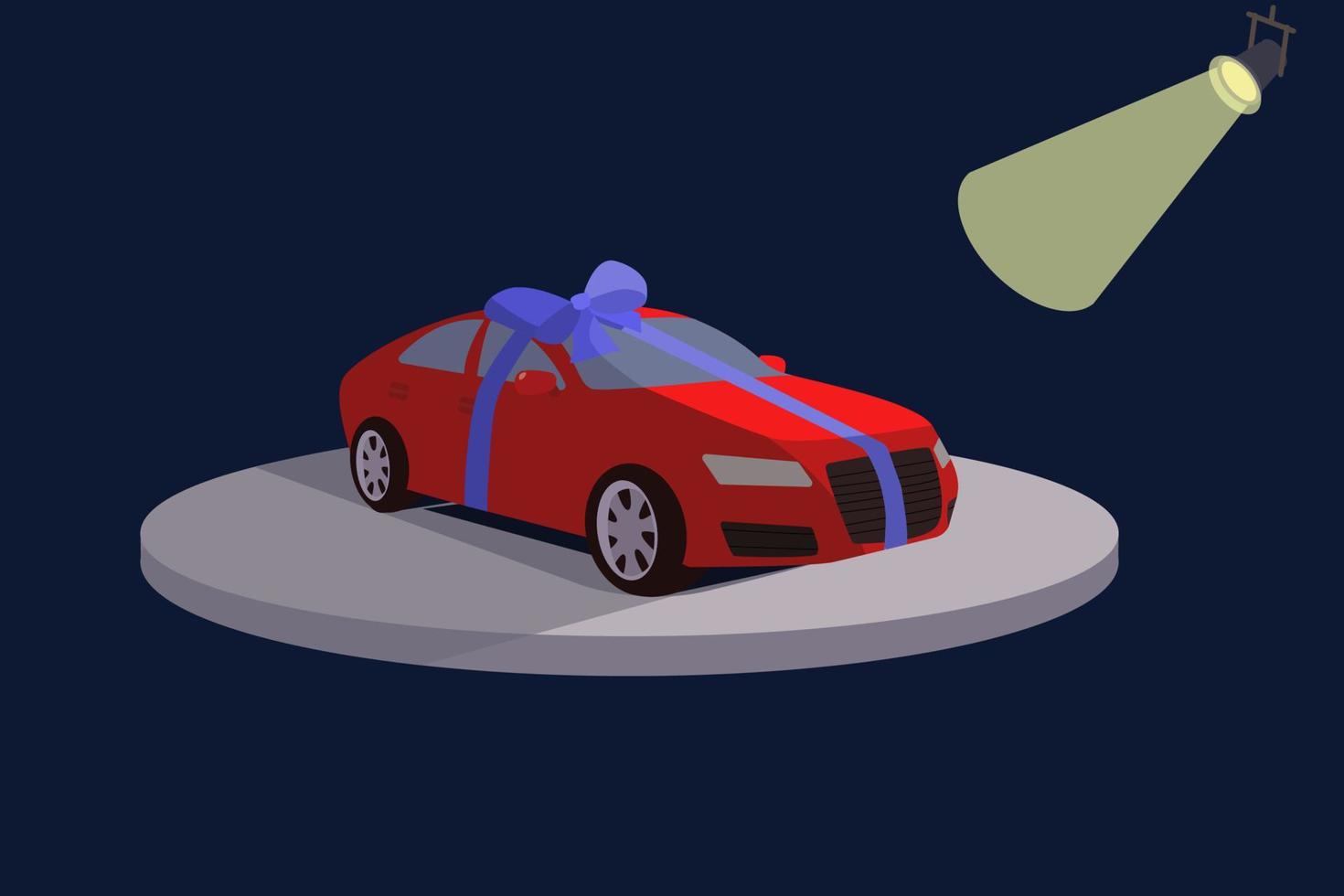 regalo di compleanno per auto, regalo, sorpresa, vincita alla lotteria. macchina rossa legata con un nastro blu. illustrazione vettoriale isolato su sfondo blu.