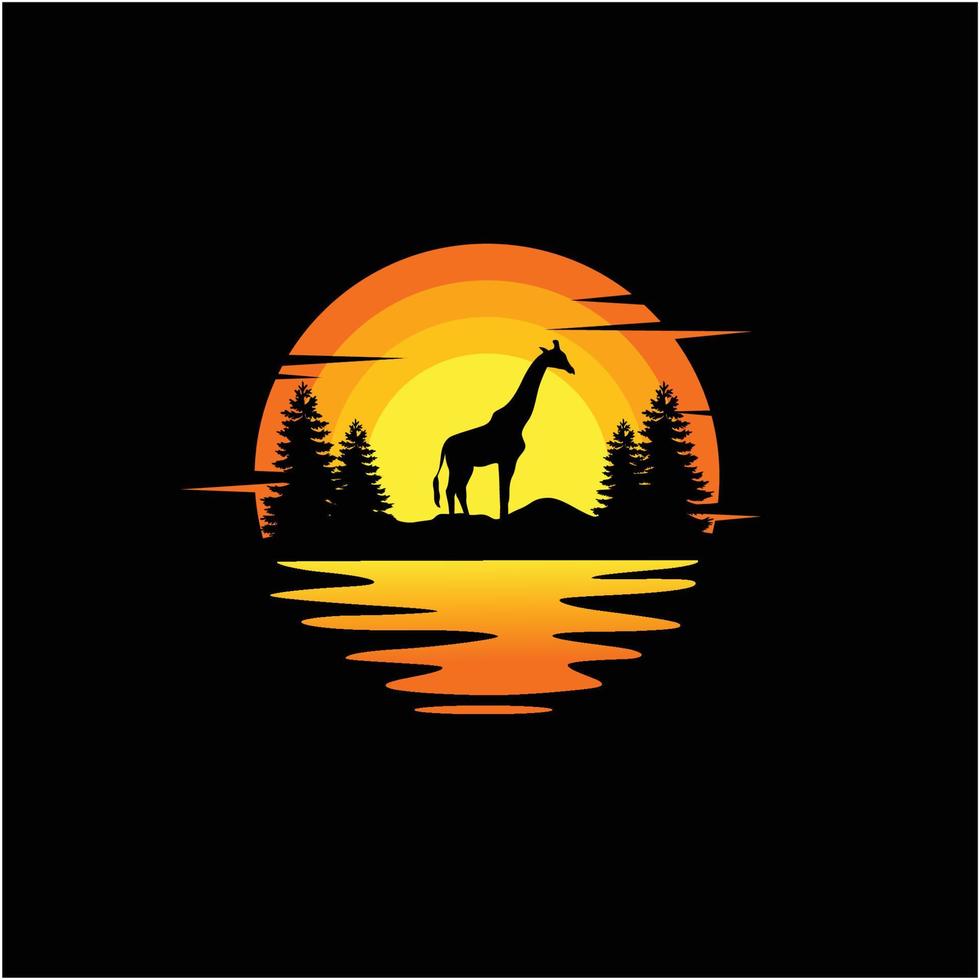 giraffa in piedi silhouette illustrazione natura tramonto oceano vettore